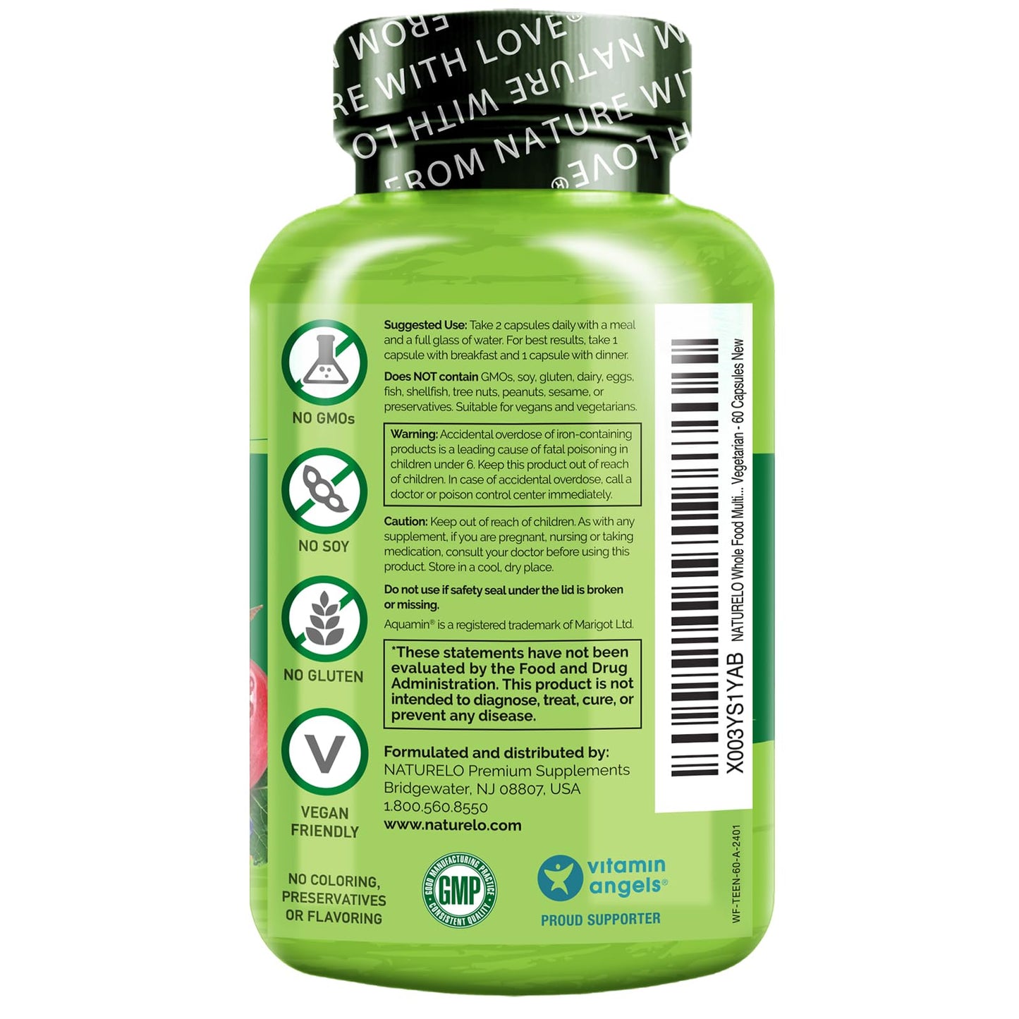 NATURELO Teen Multivitamin - Whole Food Multivitamin - with Minerals for Teenage Boys & Girls - Supplement for Active Kids - Non-GMO - Vegan & Vegetarian - 60 Capsules