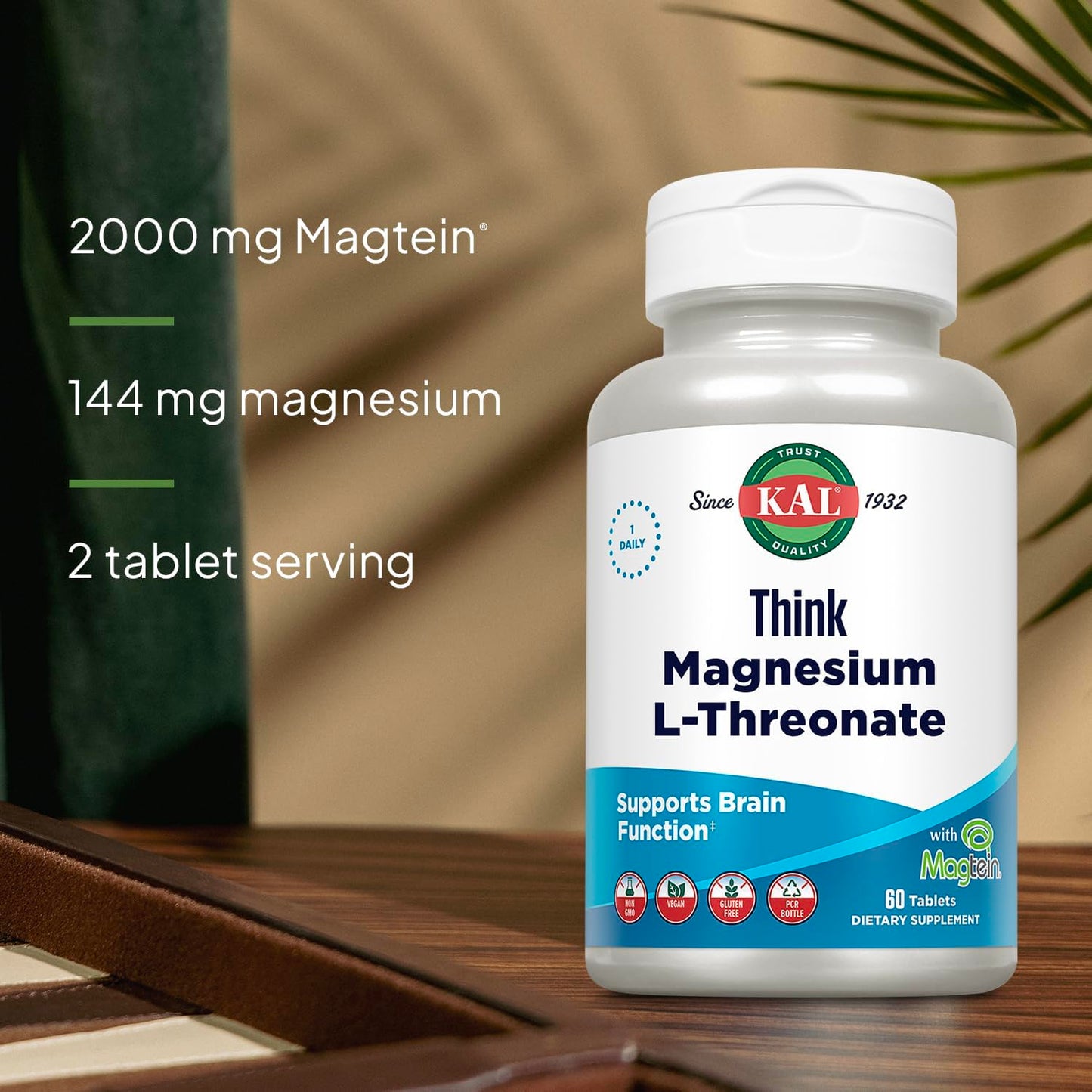 KAL Think Magnesium L-Threonate 2000 mg | Learning, Brain Health & Memory Function Support w/Magtein | Vegan, No Gluten & Non-GMO | 60 Tablets