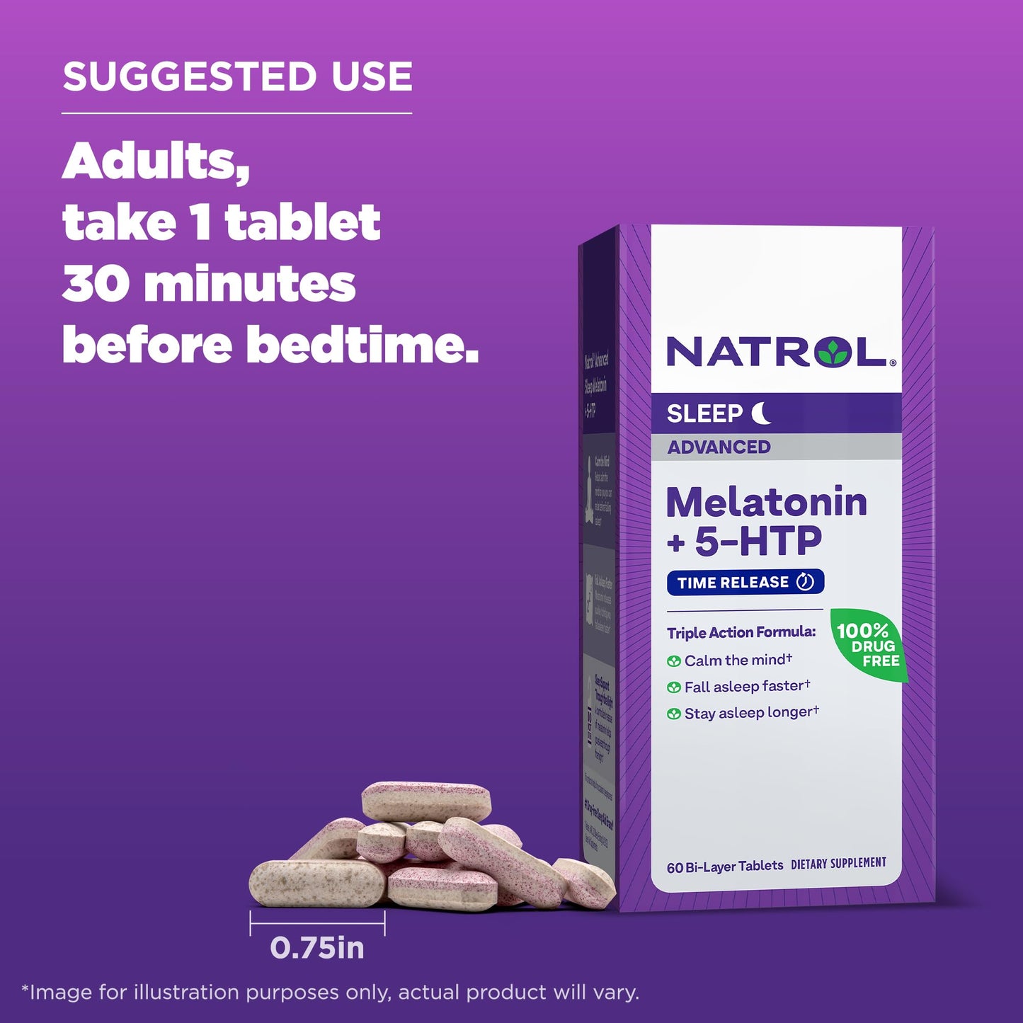 Natrol Advanced Sleep Melatonin + 5HTP, 6mg, Calming Sleep Aid for Restful Sleep, 60 Time-Release Tablets, 60-Day Supply
