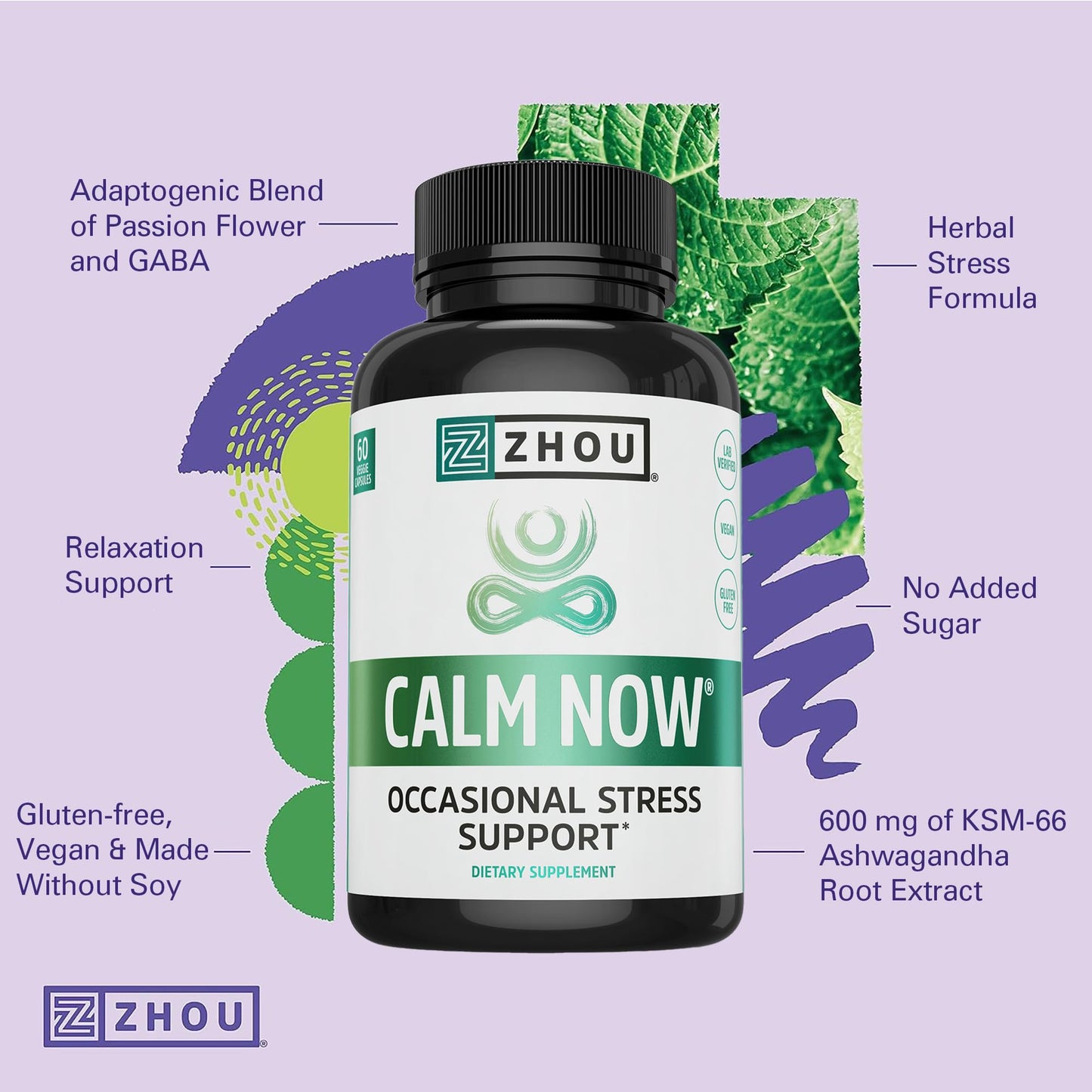 Zhou Calm Now - Calm Supplement, Calm Vitamins for Women & Men, Pills to Relax for Adults with GABA & Ashwagandha, Stress & Focus Support - 60 Veggie Capsules