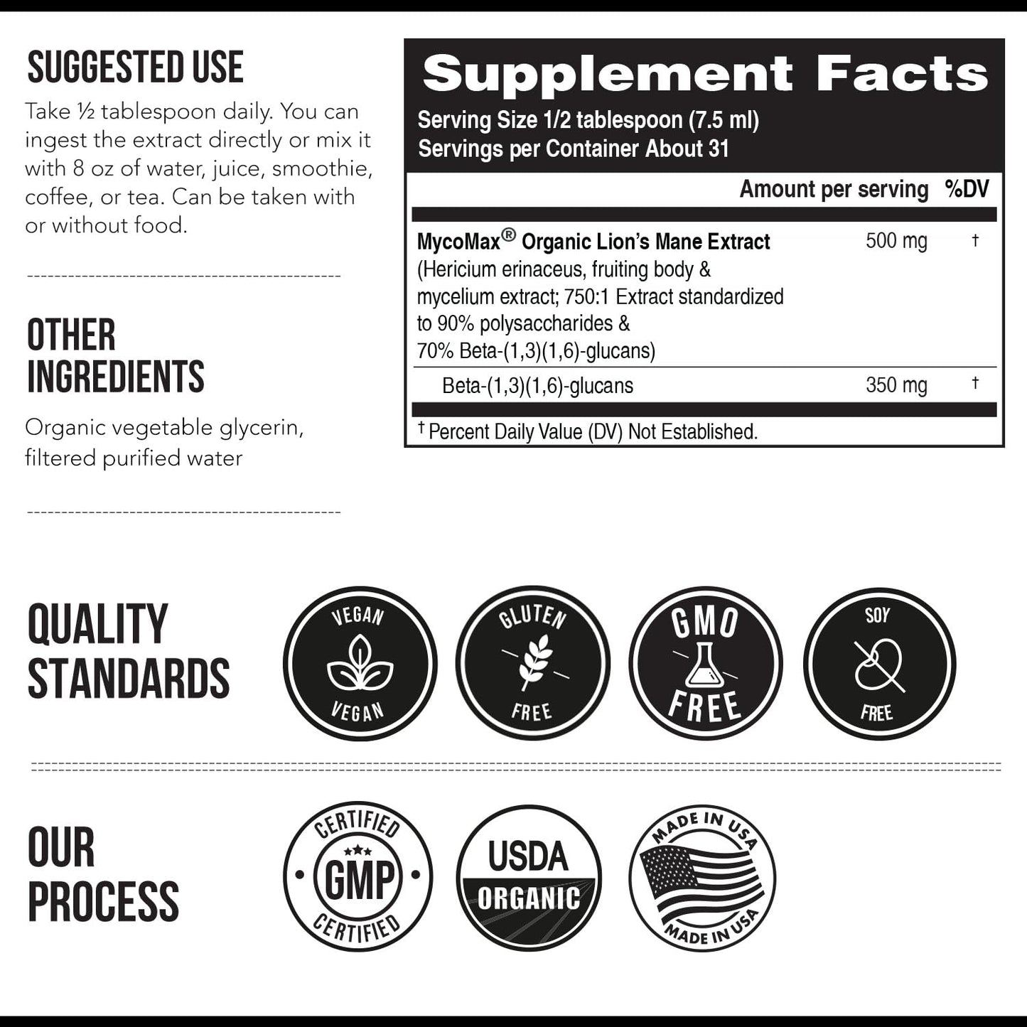 MycoMax Lions Mane Extract - 70% Beta Glucans, Max Potency Organic Lions Mane Supplement, US Grown + Ultrasonic Extraction - 500 mg per serving - Mental Clarity, Focus and Memory - 8 oz.