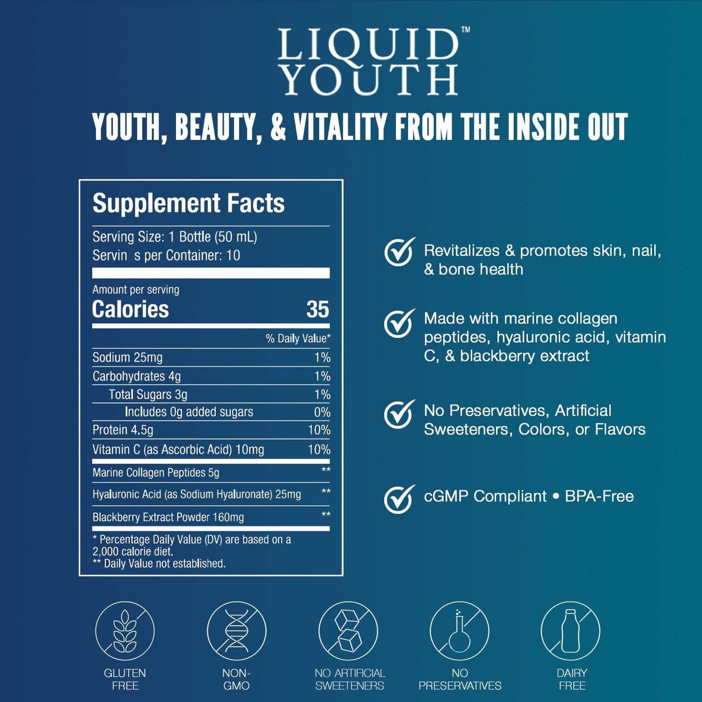 LIQUID YOUTH Liquid Collagen Elixir Shot for Women & Men - Premium Liquid Marine Collagen for Hair Growth, Skin, Nail, Bone & Joint Health - Travel-Friendly (Very Berry, 10 Servings Per Box)
