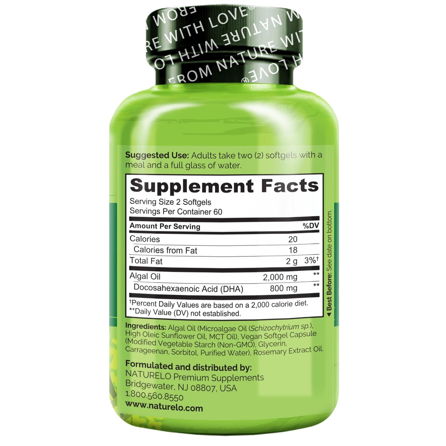 NATURELO Vegan DHA - Omega 3 Oil from Algae - Supplement for Brain, Heart, Joint, Eye Health - Provides Essential Fatty Acids for Women Men and Kids - Complements Prenatal Vitamins - 120 Softgels