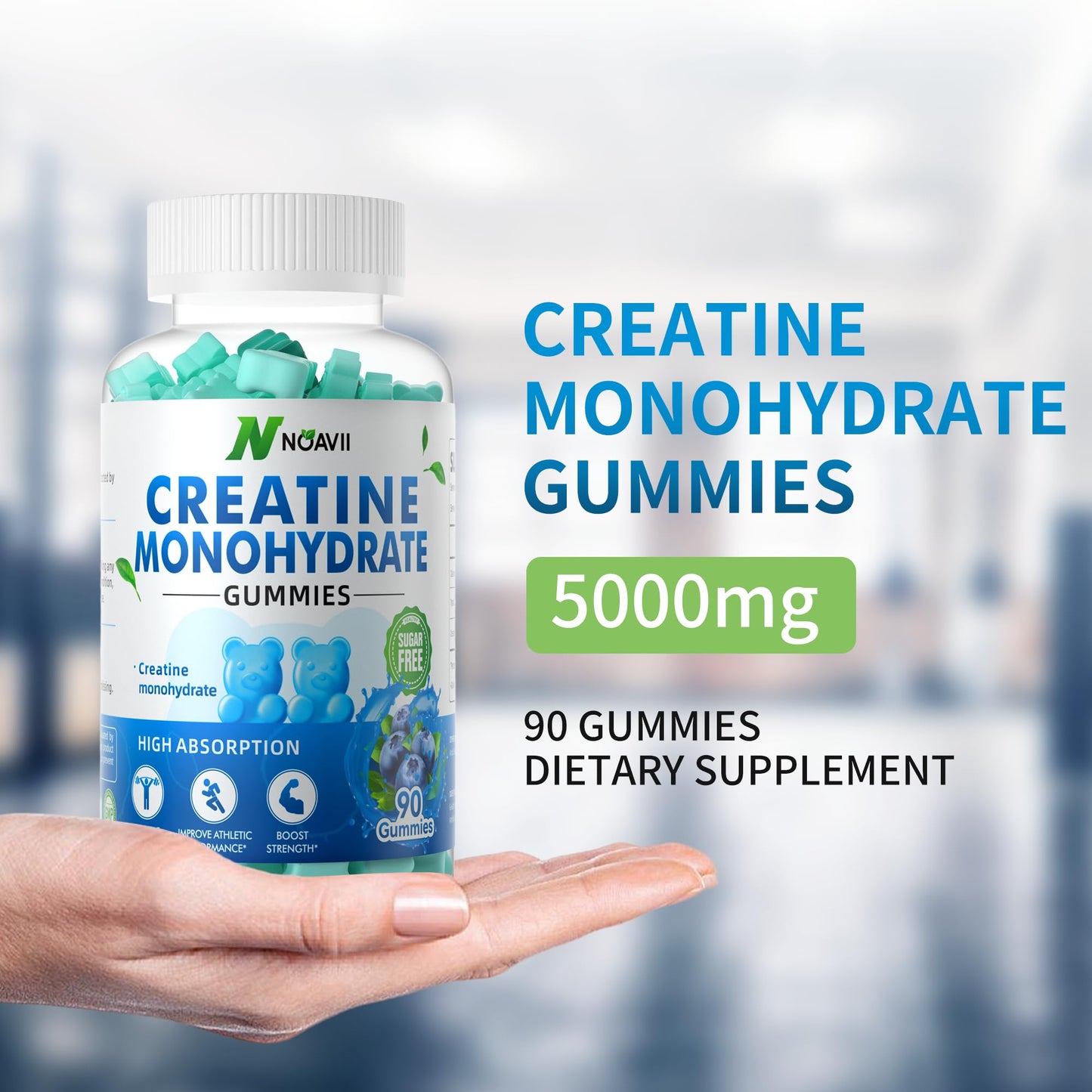 NOAVII Creatine Monohydrate Gummies 5000mg for Men & Women, Chewables Creatine Monohydrate for Muscle Strength, Muscle Builder, Energy Boost, Pre-Workout Supplement(90 Count)-Blueberry