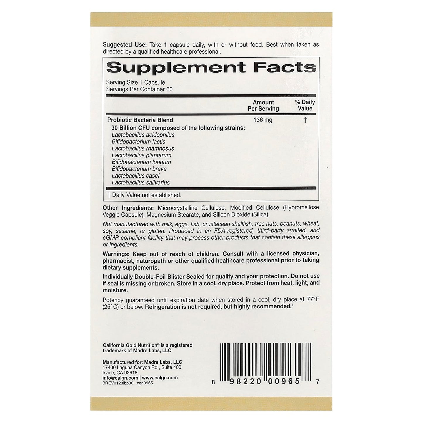California Gold Nutrition LactoBif® 30 Probiotics, 30 Billion CFU, 60 Veggie Capsules