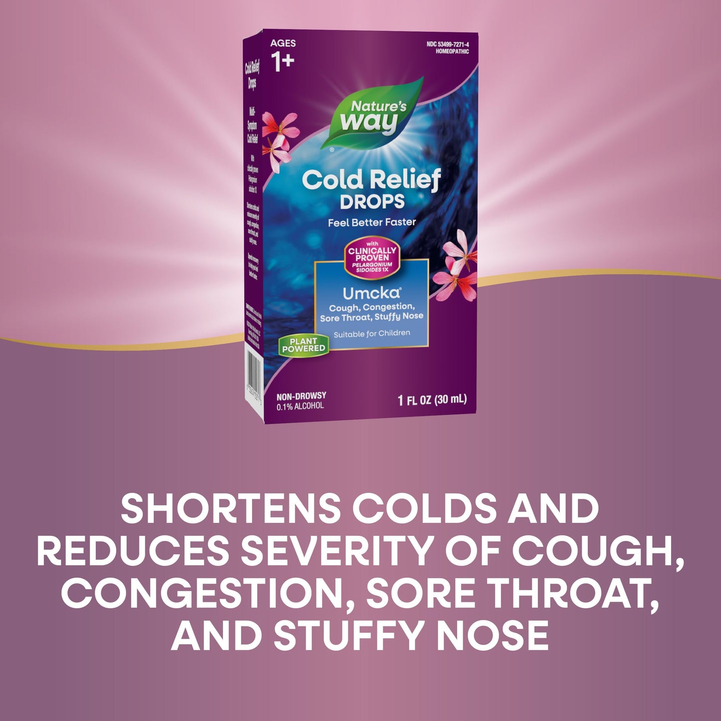 Nature's Way Cold Relief Drops, Umcka, Feel Better Faster, Multi-Symptom Cold Relief, Homeopathic, Shortens Colds, Sore Throat, Cough and Congestion, Non-Drowsy, 1 Fl Oz (Packaging May Vary)