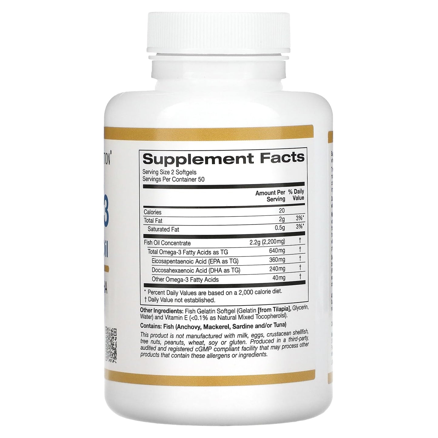 California Gold Nutrition Omega-3 Premium Fish Oil, Concentrated Formula with EPA & DHA, Support for Optimal Lipid Profile & Immune System, Gluten Free, Non-GMO, 100 Fish Gelatin Softgels