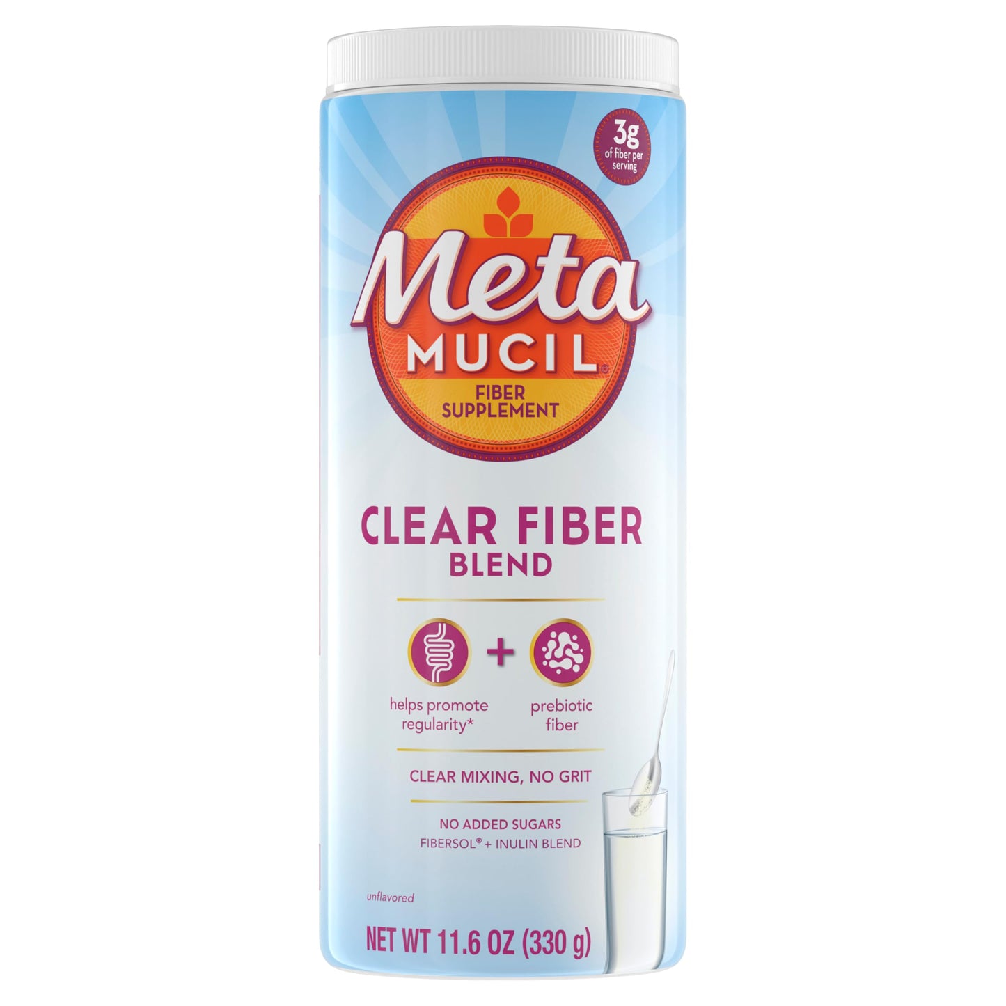 Metamucil Fiber Supplement, Unflavored Clear Mixing Powder, No Grit, No Sugar Added, Plant Based Prebiotic Fiber Blend for Daily Digestive Health, 75 teaspoons