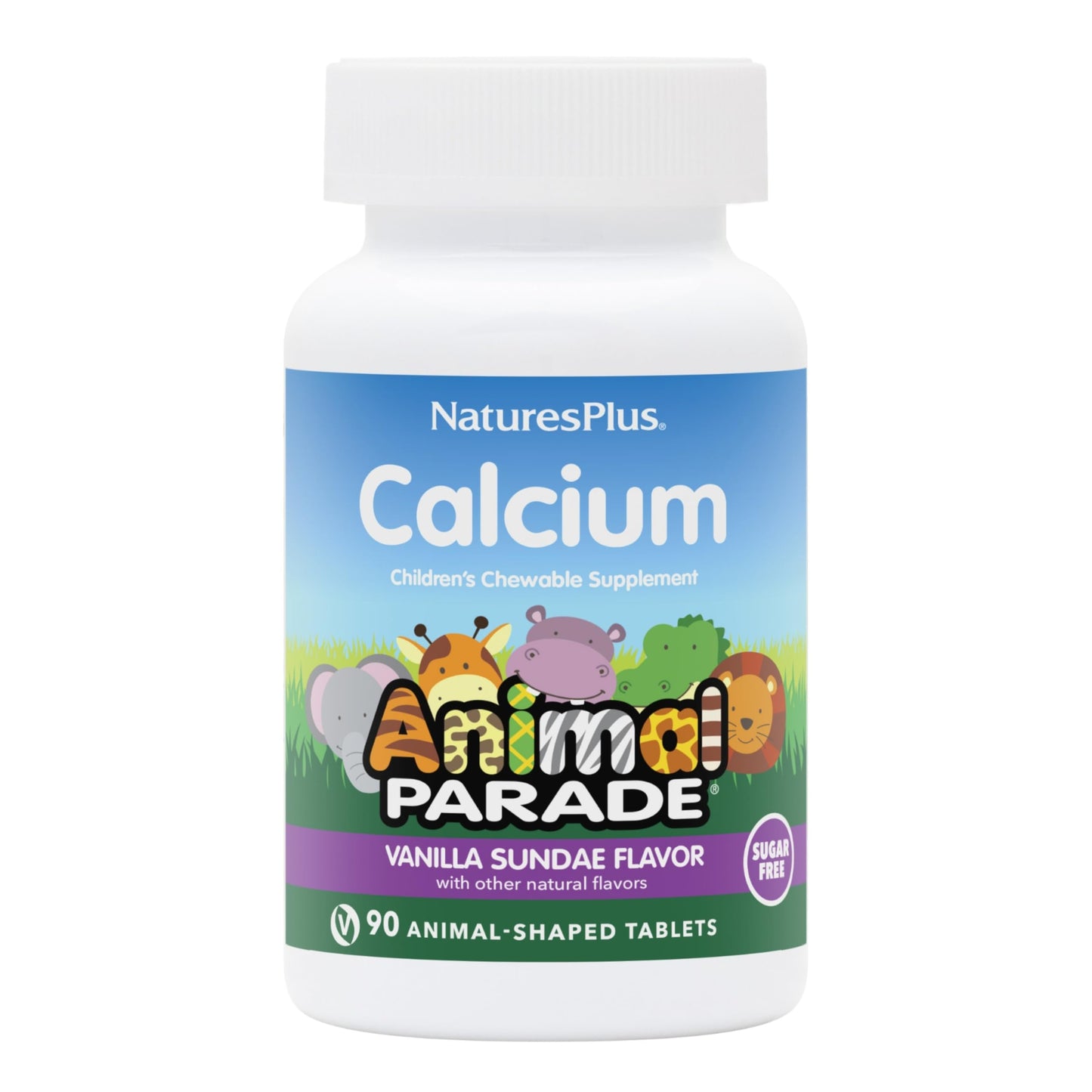 NaturesPlus Animal Parade Sugar-Free Children's Calcium, Vanilla Sundae Flavor - 90 Chewable Animal Shaped Tablets - Magnesium for Bone Health - Gluten Free - 45 Servings