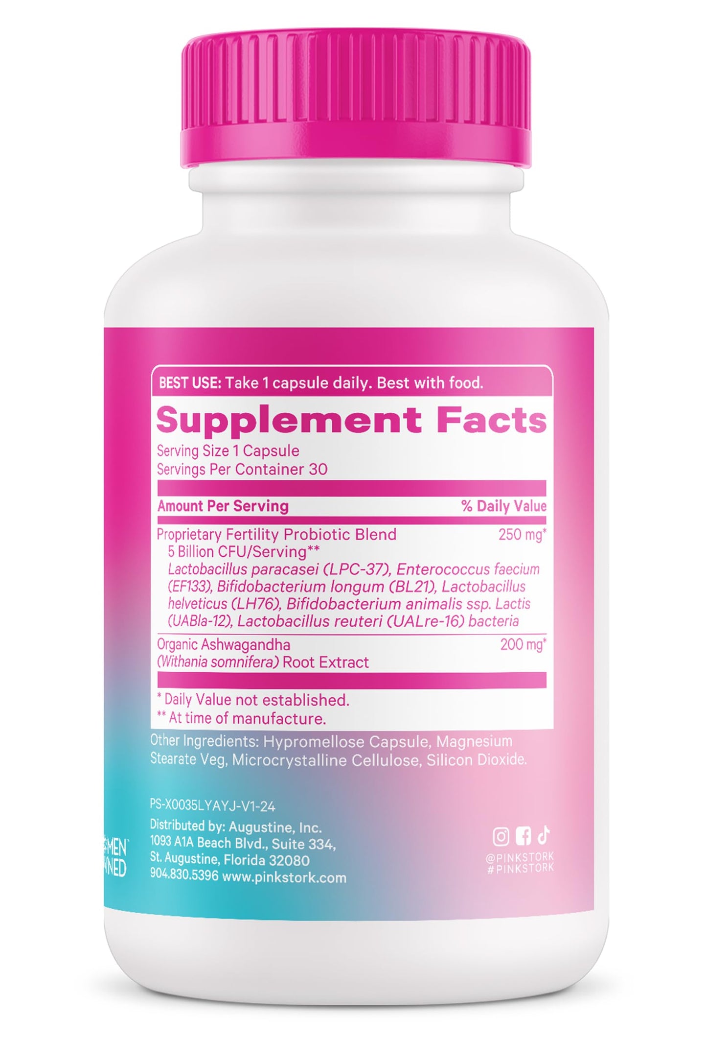 Pink Stork Fertility Support Probiotics for Women with Ashwagandha for Vaginal Health, Conception, pH Balance, Hormone Balance, and Gut Flora, Fertility Supplements for Women, 30 Capsules