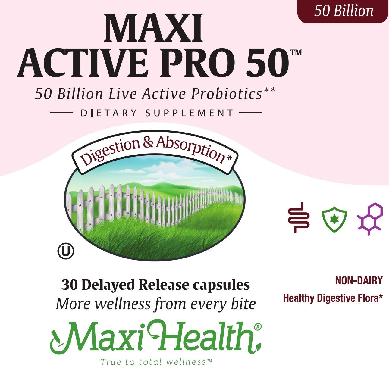 Maxi Health Probiotic Plus Ultimate Prebiotic Advanced Live Probiotics Formula - 50 Billion Live Active Probiotic - 15 Strains - Ultra Protection - Active Pro-50-30 Count