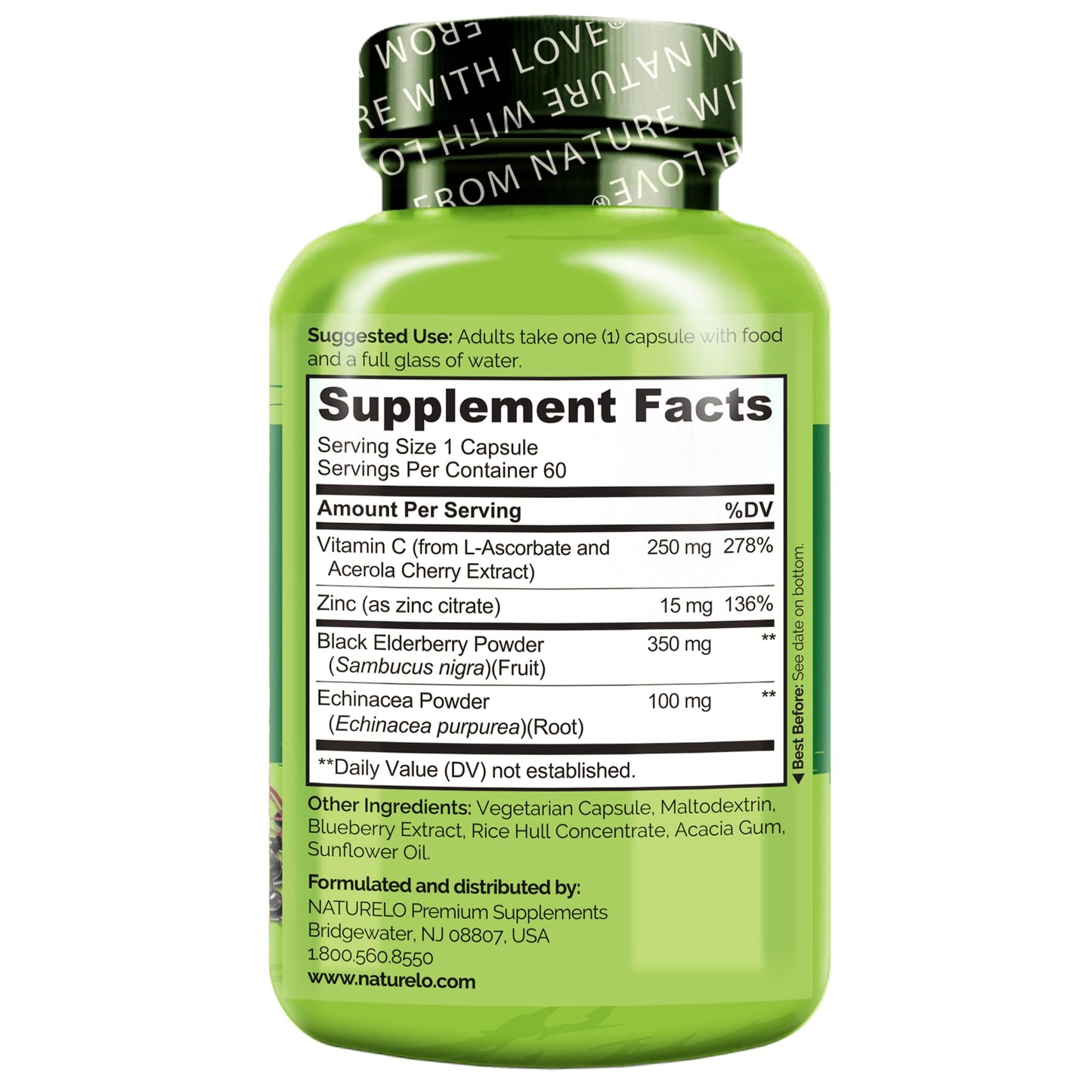 NATURELO Immune Support – Vitamin C, Elderberry, Zinc, Echinacea – Natural Immunity Boost w/Antioxidant, Herbal & Mineral Defense - 60 Vegan Capsules