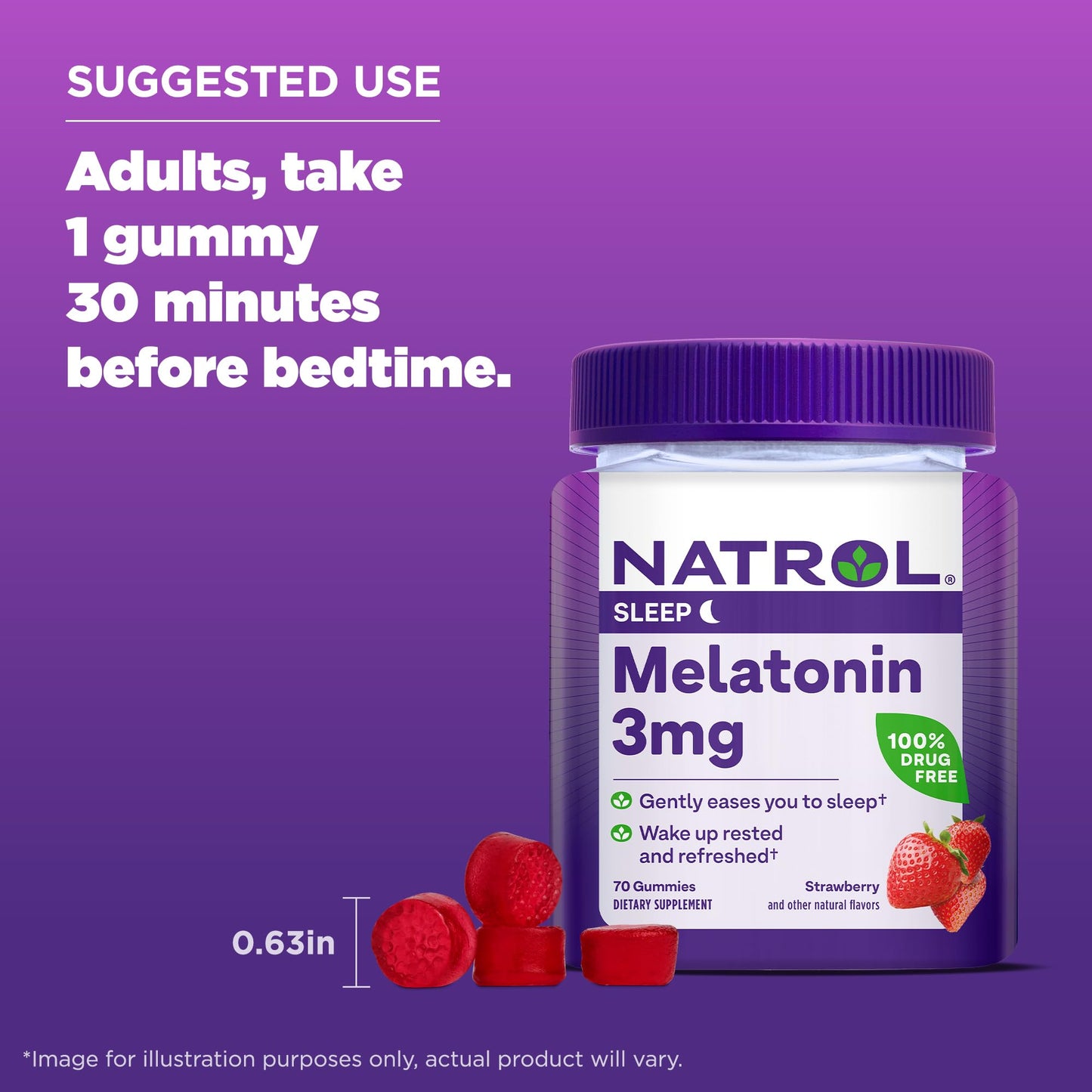Natrol Melatonin Gummies, Sleep Support for Adults, 3 mg Melatonin Supplement for Sleeping, 70 Strawberry-Flavored Gummies, Up to a 70 Day Supply