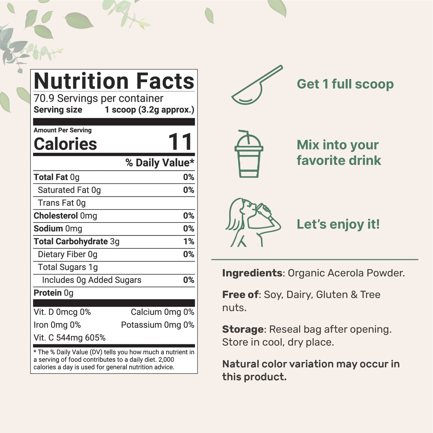 2 Pack of Pure USDA Organic Acerola Cherry Powder, Natural and Organic Vitamin C for Immune System, 8 Ounce, No GMO, No Gluten, Brazil Origin