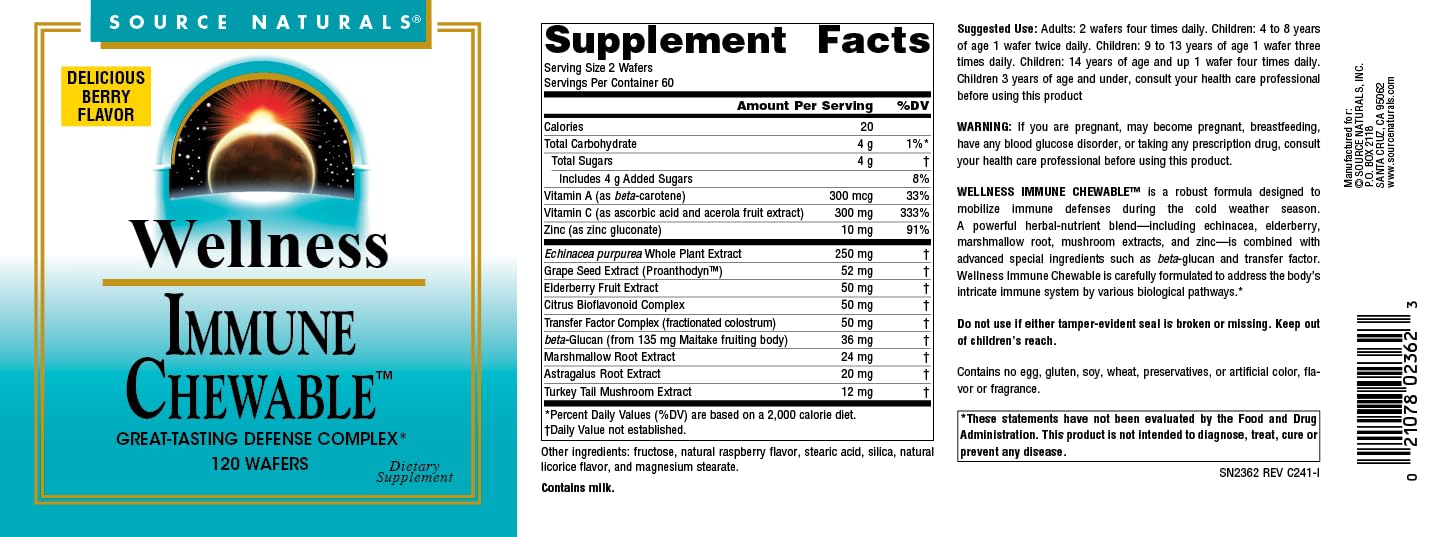 "Source Naturals Wellness Immune Chewable, Great-Tasting Defense Complex*, 120 Wafers"