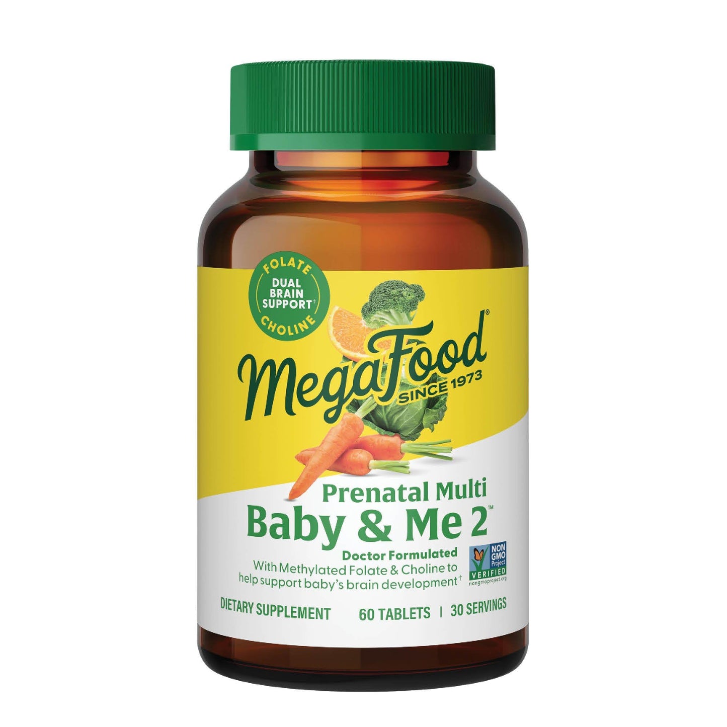 MegaFood Baby & Me 2 Prenatal Multi - Prenatal Vitamins for Women with Choline, Methyl Folate, Iron - Gluten-Free, Vegetarian, Pre Natal Multivitamin for Women - 60 Tablets, 30 Servings
