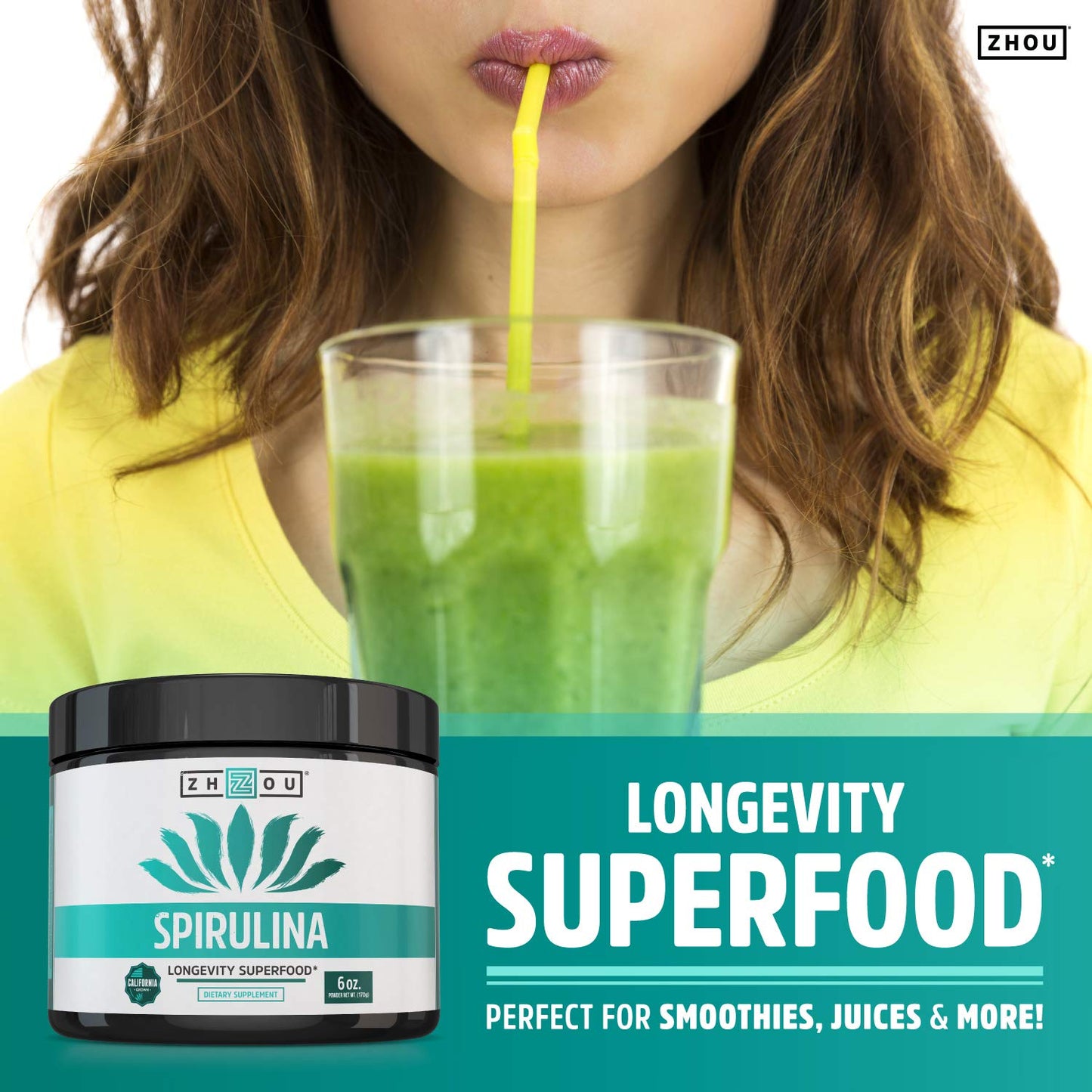 Zhou Spirulina Powder - Blue Green Spirulina Superfood for Women & Men with Vegan Protein, Chlorophyll & Phycocyanin for Smooth Energy & Longevity, Drink Mix for Smoothies - 6 oz Jar (48 Servings)
