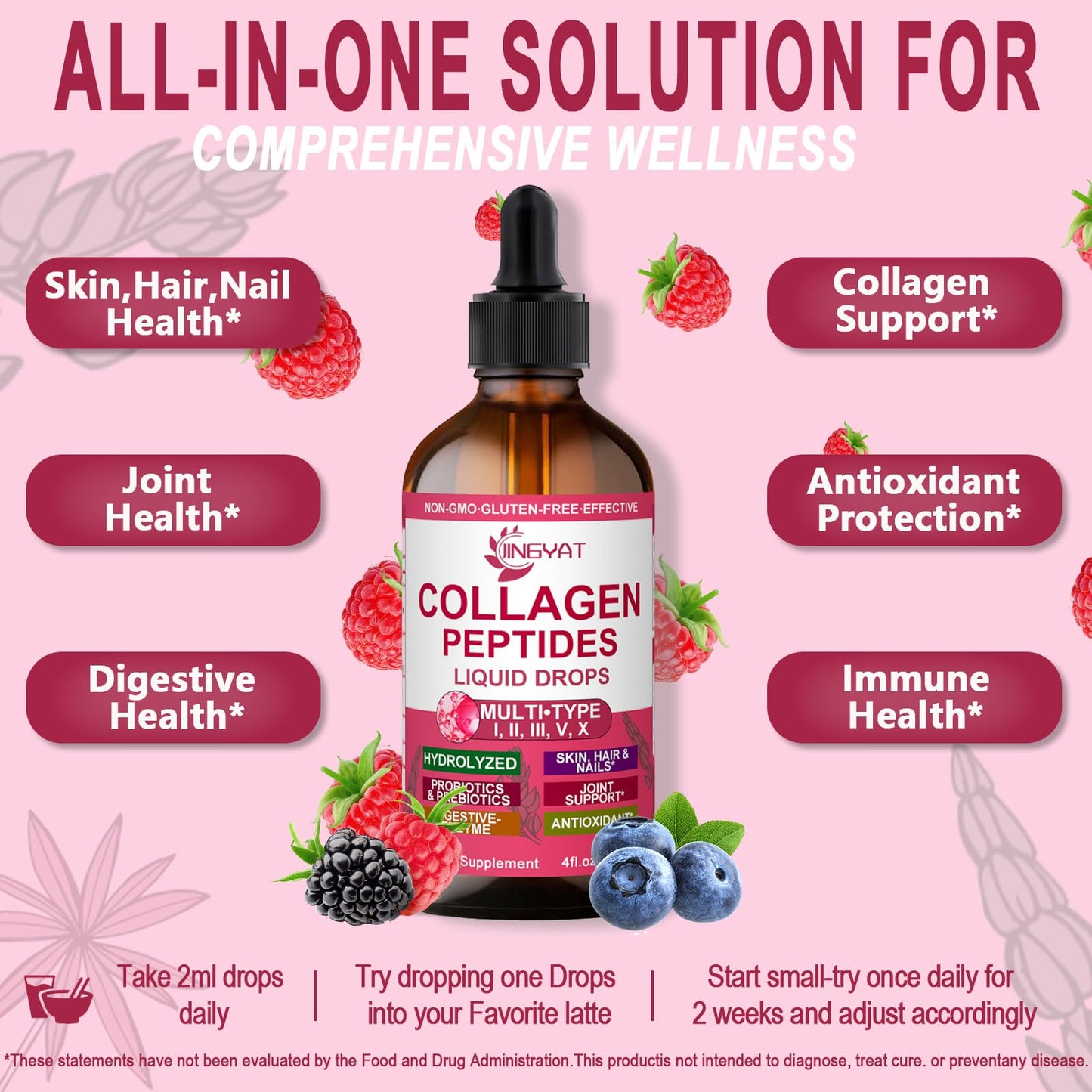 Collagen Peptides Liquid Drops, Multi Collagen Peptides for Women w/ Glucosamine Chondroitin MSM Biotin, Hydrolyzed Collagen Peptides Supports Skin Hair Nail Joints Bones Gut Health, 60 Servings