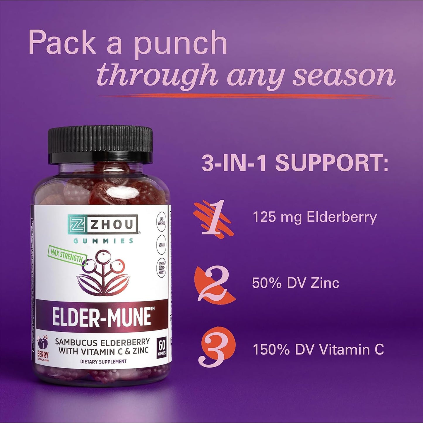 Zhou Elder-Mune Elderberry Gummies - Elderberry Vitamin C and Zinc, Daily Immune Support Supplemenet for Women & Men, Chewable Natural Black Elderberry for Adults & Children 4 & Up - 60 Gummies