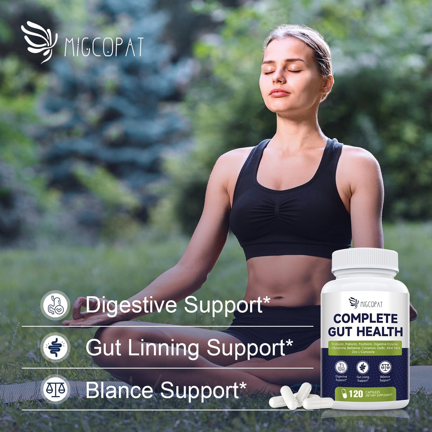 Migcopat Probiotic Prebiotic, Postbiotic & Digestive Enzymes for Digestive Health, 80 Billion CFU Probiotics Complete Gut Support with Berberine, Cinnamon, L-Glutamine, for Men & Women, 120 Capsules