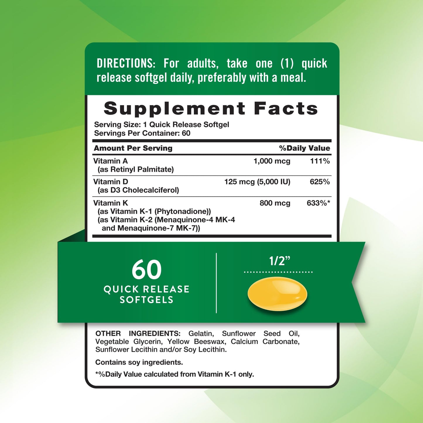 Nature's Truth Vitamin ADK | 60 Softgels | High Potency of Vitamin A, D3, K1 & K2 | Non-GMO & Gluten Free Supplement