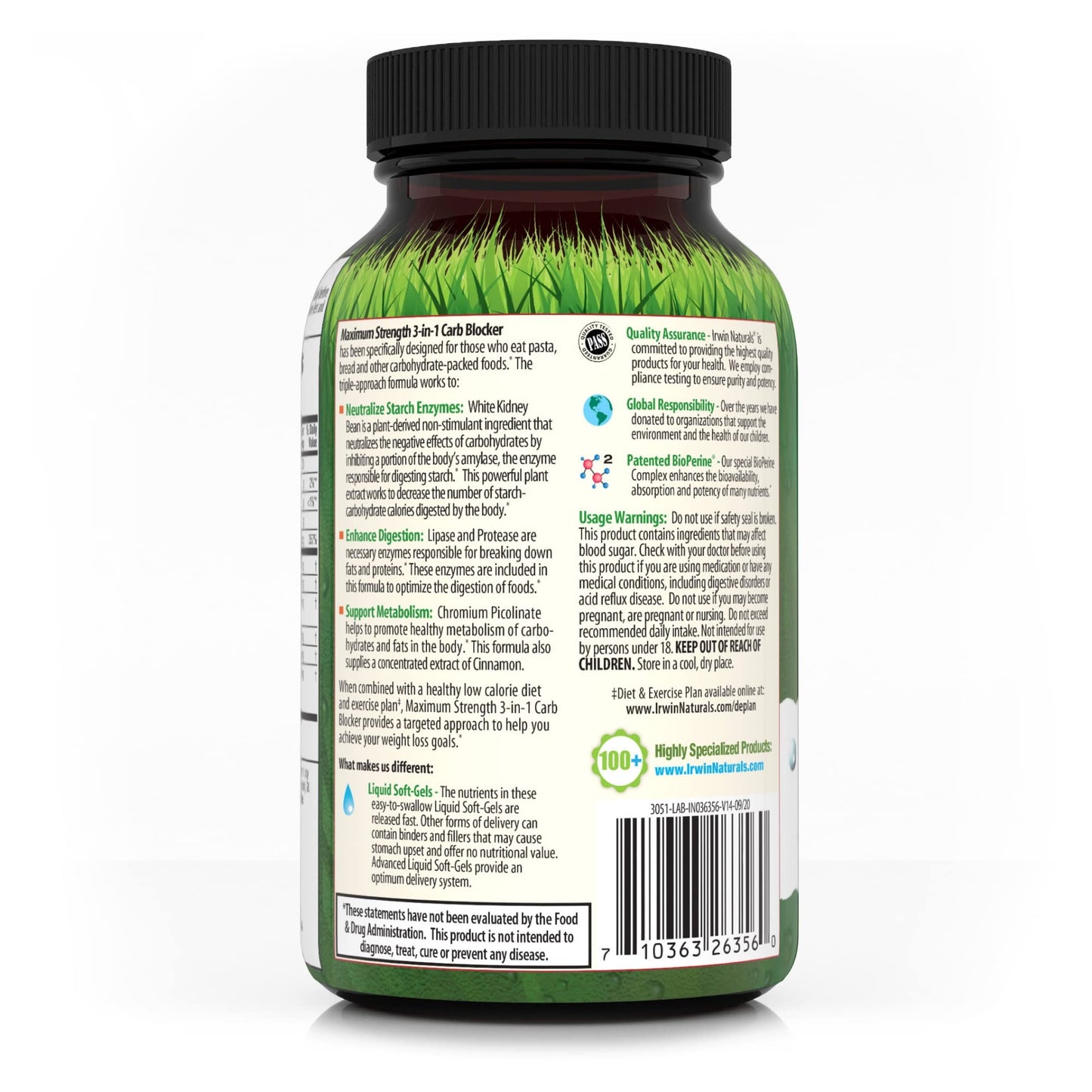 Irwin Naturals Maximum Strength 3-in-1 Carb Blocker - Neutralize Carbohydrates - 75 Liquid Softgels