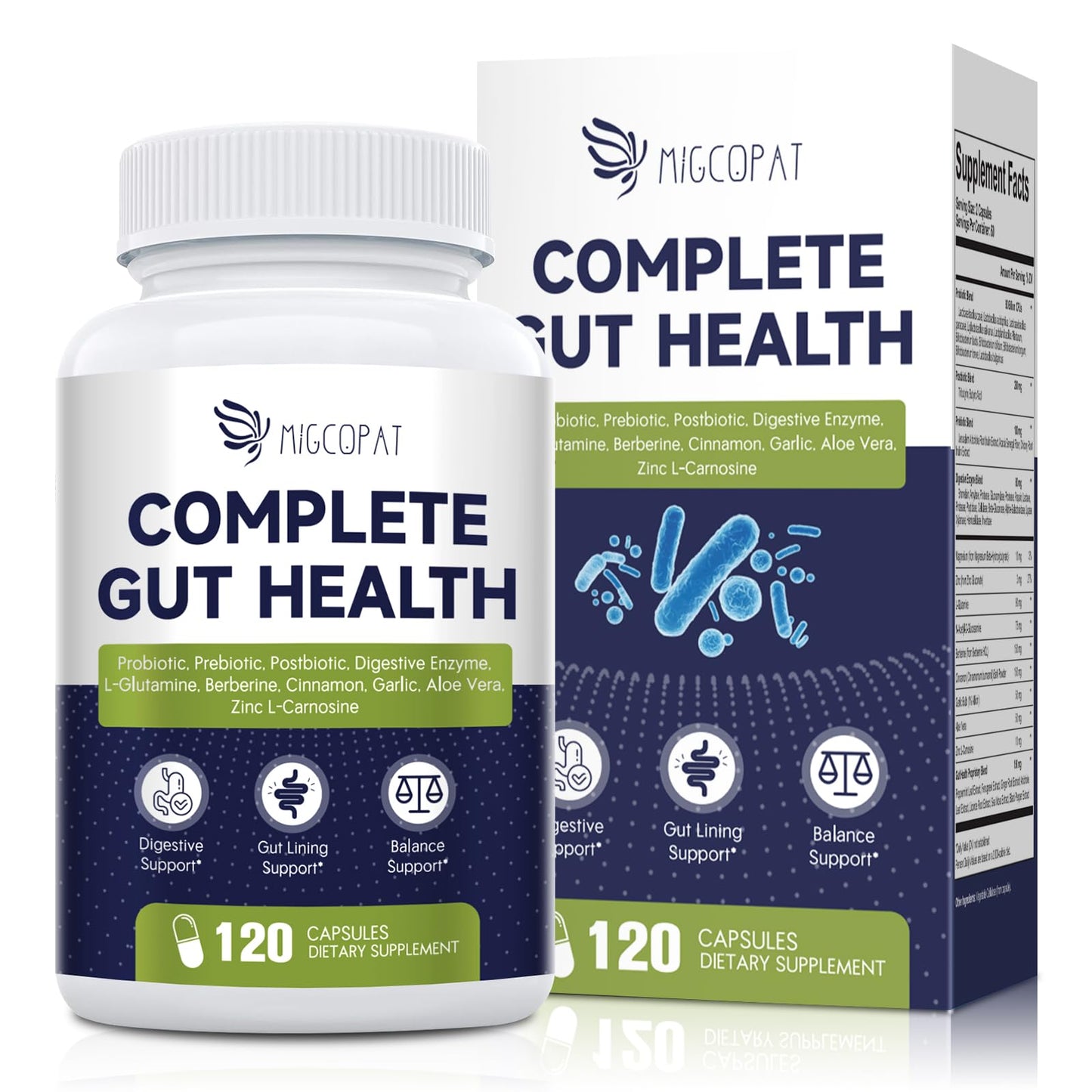 Migcopat Probiotic Prebiotic, Postbiotic & Digestive Enzymes for Digestive Health, 80 Billion CFU Probiotics Complete Gut Support with Berberine, Cinnamon, L-Glutamine, for Men & Women, 120 Capsules