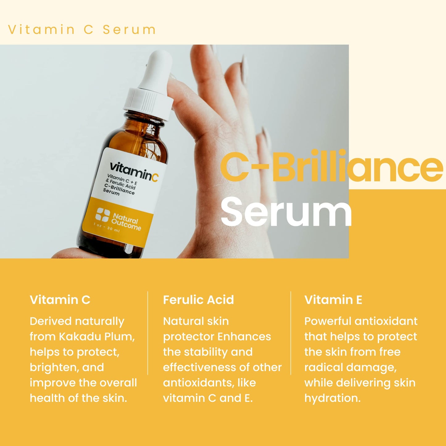 Natural Outcome Vitamin C Serum with Vitamin E & Ferulic Acid | Anti-Aging Radiance Restoring Facial Serum | Powerful Antioxidant Lift Fine lines, Wrinkles, & Sunspots | Firms & Hydrates Skin | 1 Oz
