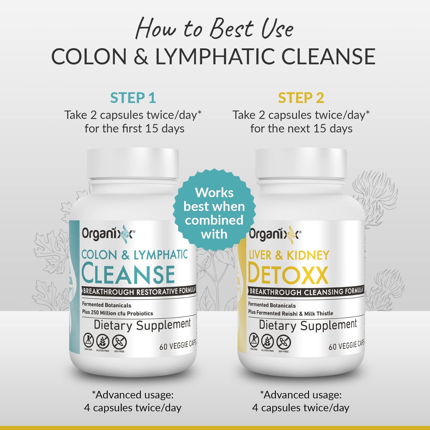 Organixx Lymphatic & Colon Cleanse Supplement, 250 Million CFU Probiotics for Gut Health, Digestive & Lymphatic Support, Gluten Free, Non GMO, 60 Vegetarian Capsules