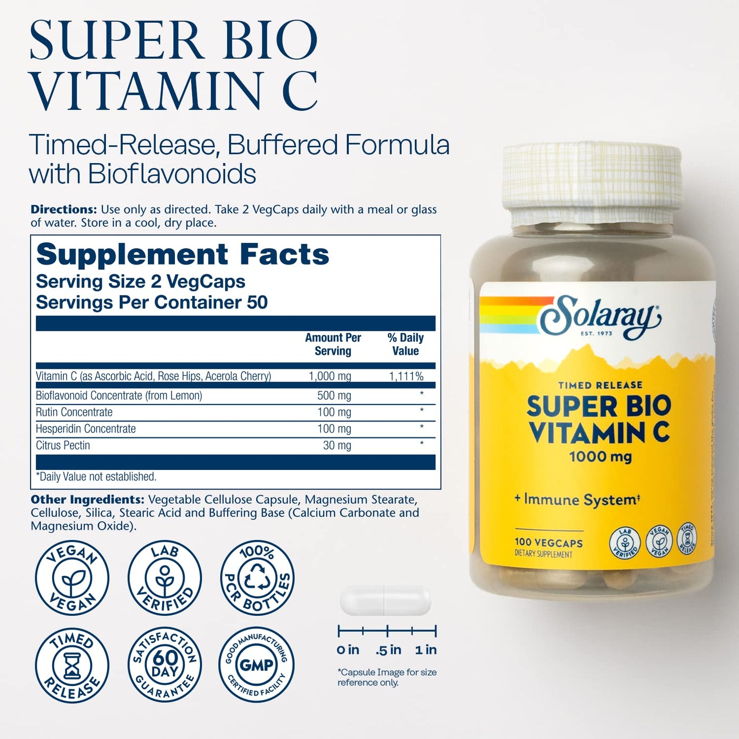 Pre-Order | Arrives in 5–10 Days – SOLARAY Super Bio Buffered Vitamin C 1000mg, Two-Stage, Timed Release Vitamin C with Bioflavonoids, Immune Support Supplement - High Absorption, Vegan, 60 Day Guarantee, 50 Servings, 100 VegCaps