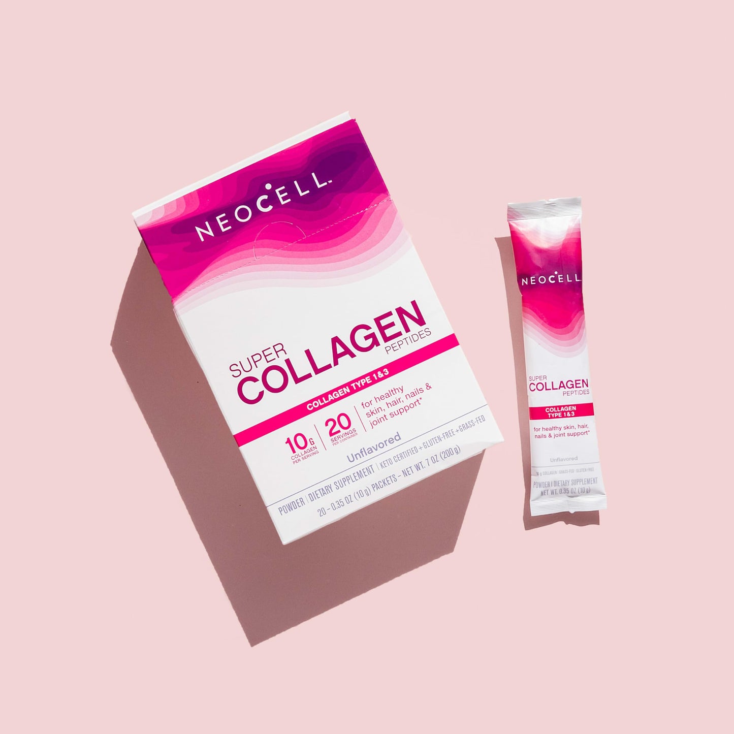 NeoCell Super Collagen Peptides, 10 g Collagen/Single-Serve Packet; Keto Certified, Gluten Free; for Healthy Skin, Hair, Nails and Joint Support;* Unflavored Powder, 20 Servs, 7 Oz.