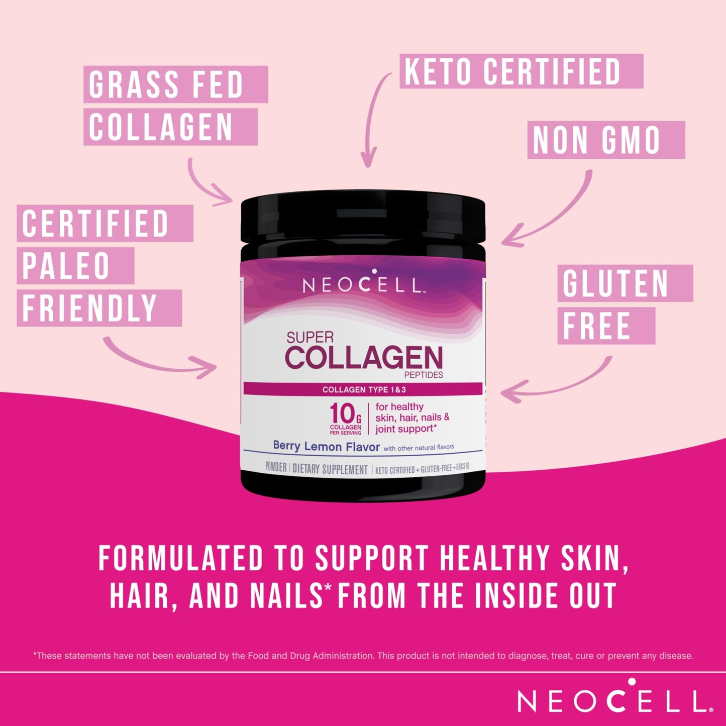 NeoCell Super Collagen Peptides, 10g Collagen Peptides per Serving, Gluten Free, Keto Friendly, Non-GMO, Grass Fed, Healthy Hair, Skin, Nails and Joints, Berry Lemon Powder, 6.7 oz., 1 Canister