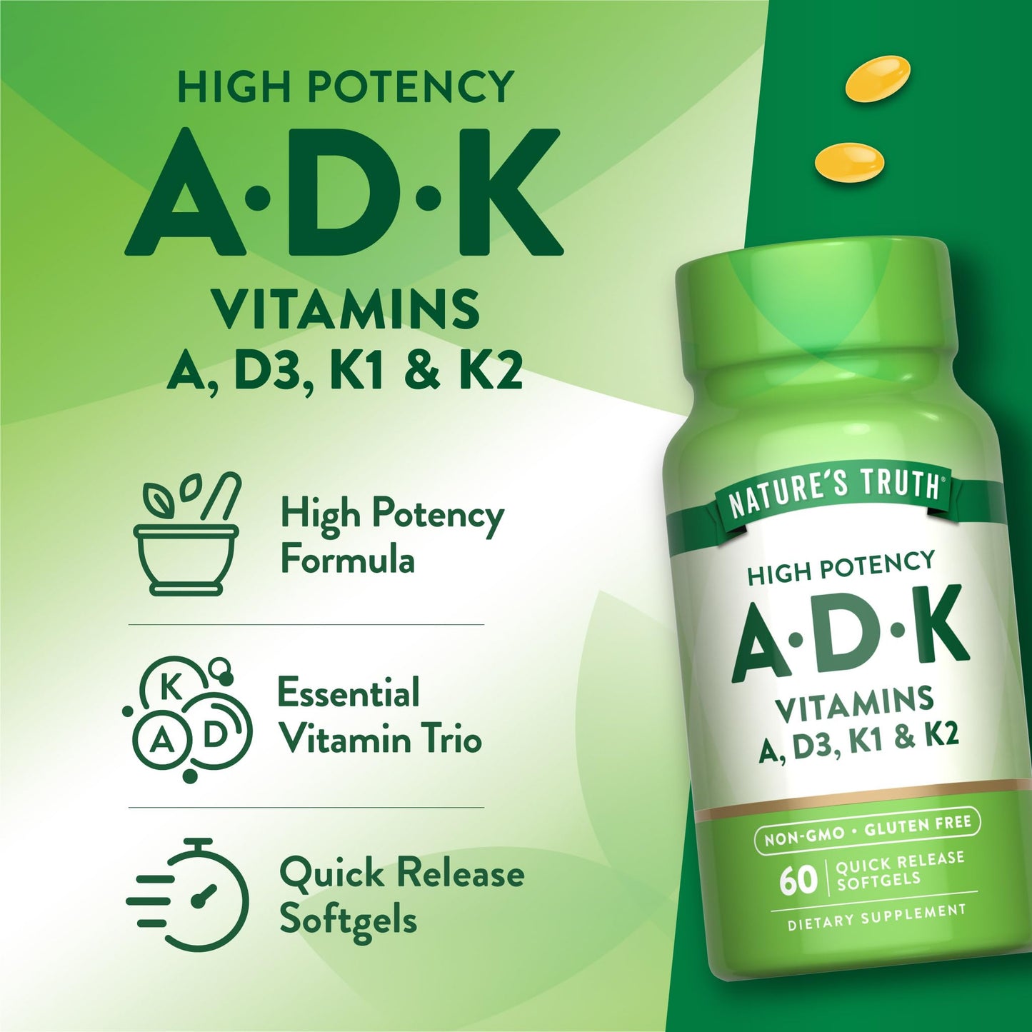 Nature's Truth Vitamin ADK | 60 Softgels | High Potency of Vitamin A, D3, K1 & K2 | Non-GMO & Gluten Free Supplement