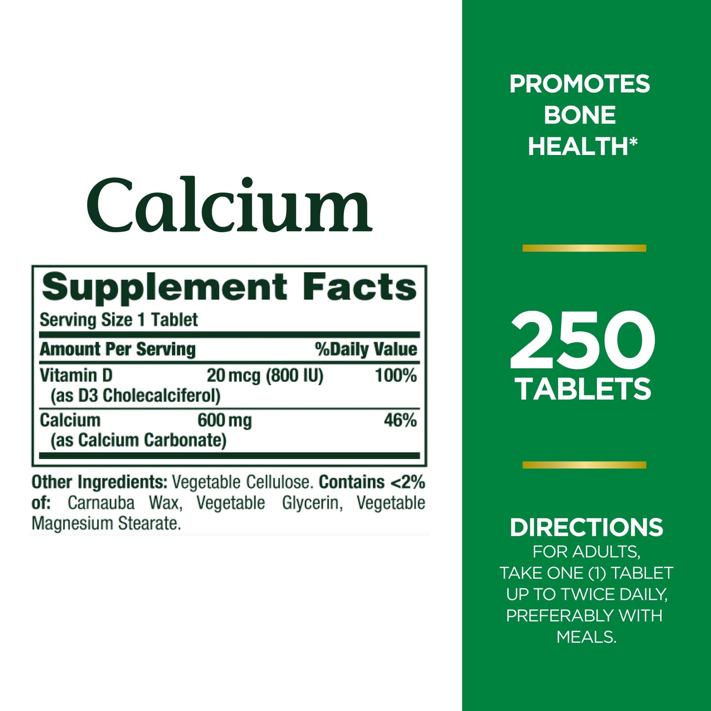 Nature's Bounty Calcium Carbonate & Vitamin D, Supports Immune Health & Bone Health, 600mg Calcium & 800IU Vitamin D3, 250 Tablets (Pack of 2)