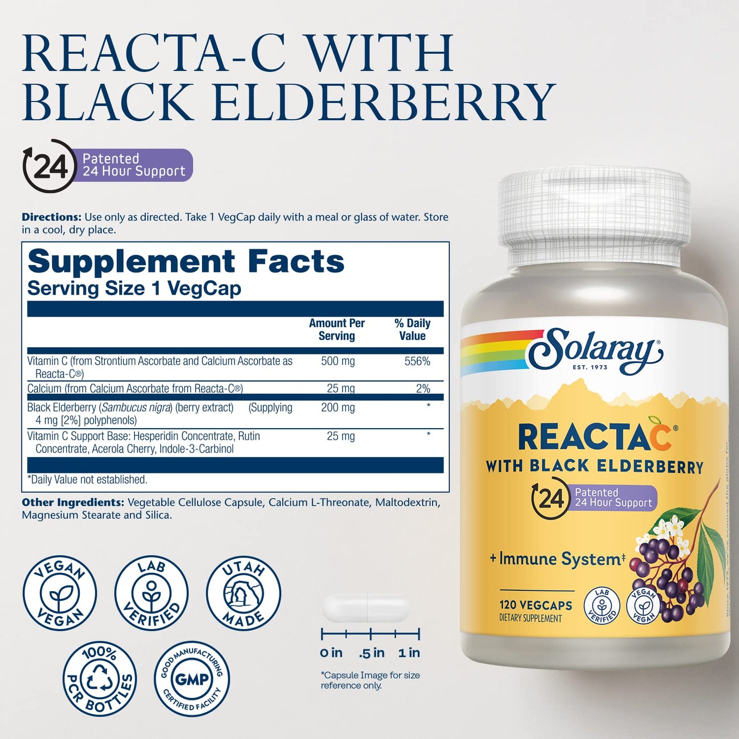 Pre-Order | Arrives in 5–10 Days – SOLARAY Reacta-C with 500mg Vitamin C, 200mg Sambucus Black Elderberry Extract, Immune System Defense Vitamins, Patented 24 Hour Immunity Booster Support Supplement, Vegan, 120 Capsules, 120 Servings