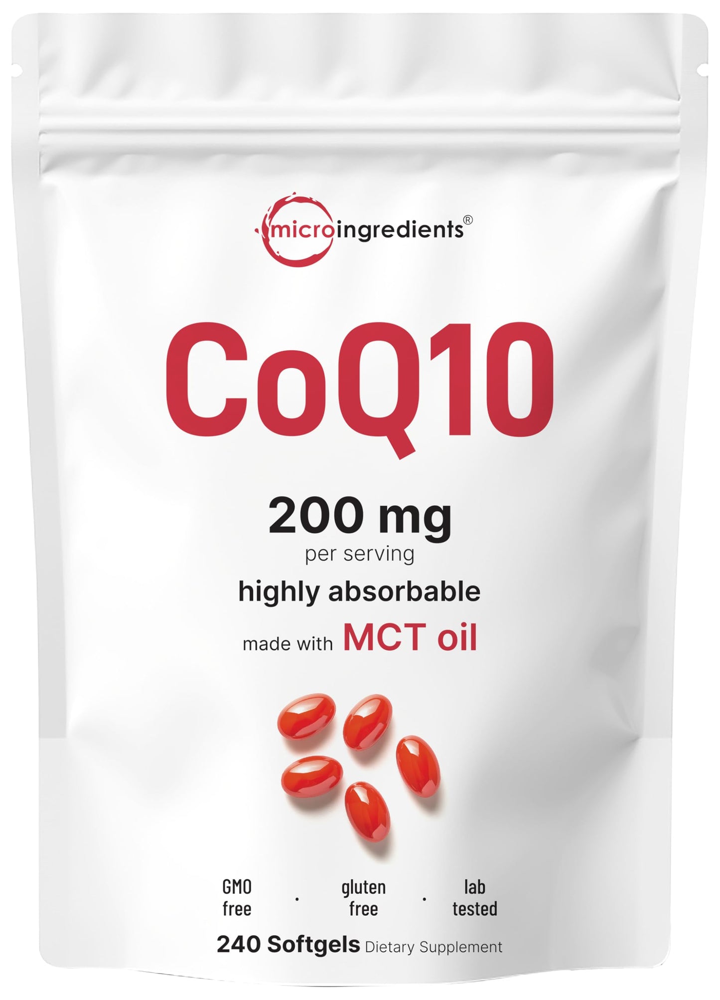 Micro Ingredients CoQ10 200mg Per Serving | 240 Softgels with Coconut MCT Oil | High Absorption Coenzyme Q10 as Ubiquinone | Antioxidant Support for Heart & Energy Health | Non-GMO