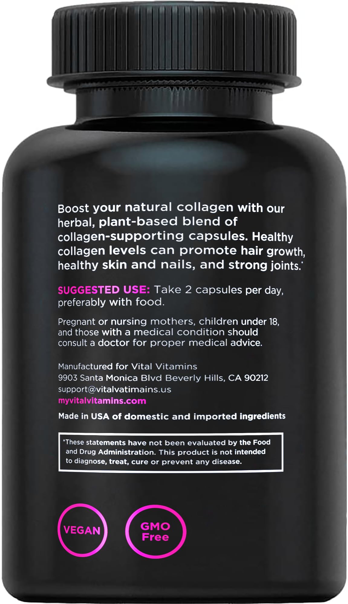 Vital Vitamins Vegan Collagen Booster - Plant-Based Collagen Supplements - Supports Hair, Skin, Nails & Joints - with Hyaluronic Acid - 60 Capsules