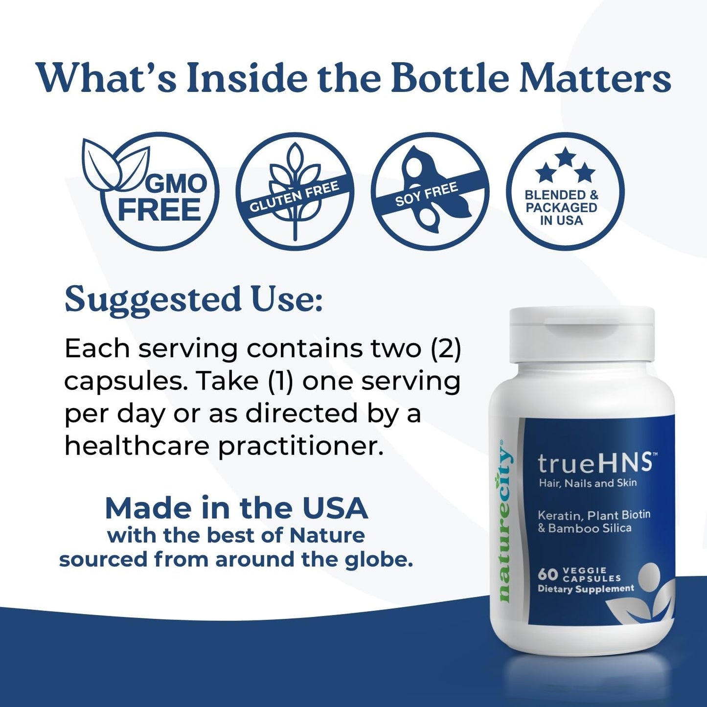 NatureCity True-HNS Hair Nails and Skin Cynatine Keratin and Plant Based Biotin Vitamin Supplement | Fuller and Stronger Hair and Nails | Non GMO | 60 Veggie Capsules