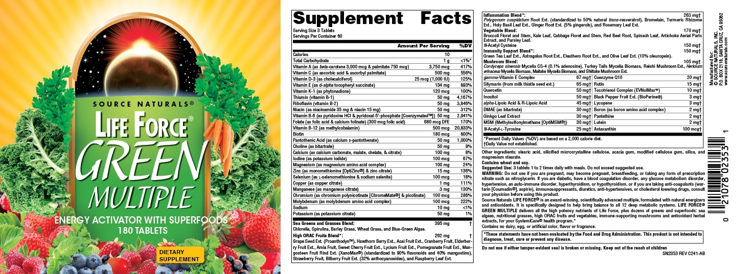 Pre-Order | Arrives in 5–10 Days – Source Naturals Life Force Green Multiple, Energy Activator with Superfoods* -180 Tablets