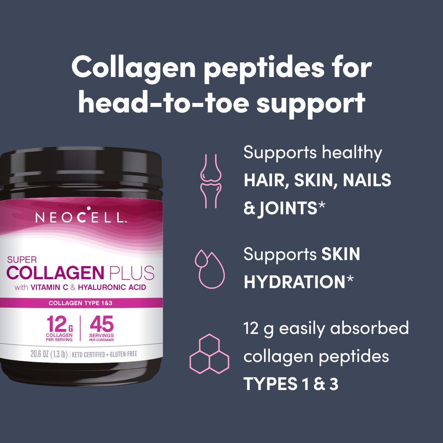 NeoCell Super Collagen Powder, Collagen Plus includes Vitamin C & Hyaluronic Acid, Promotes Healthy Hair, Beautiful Skin, & Nail Support, Collagen Type 1 & 3, 12g Collagen per Serving, 20.6 Oz