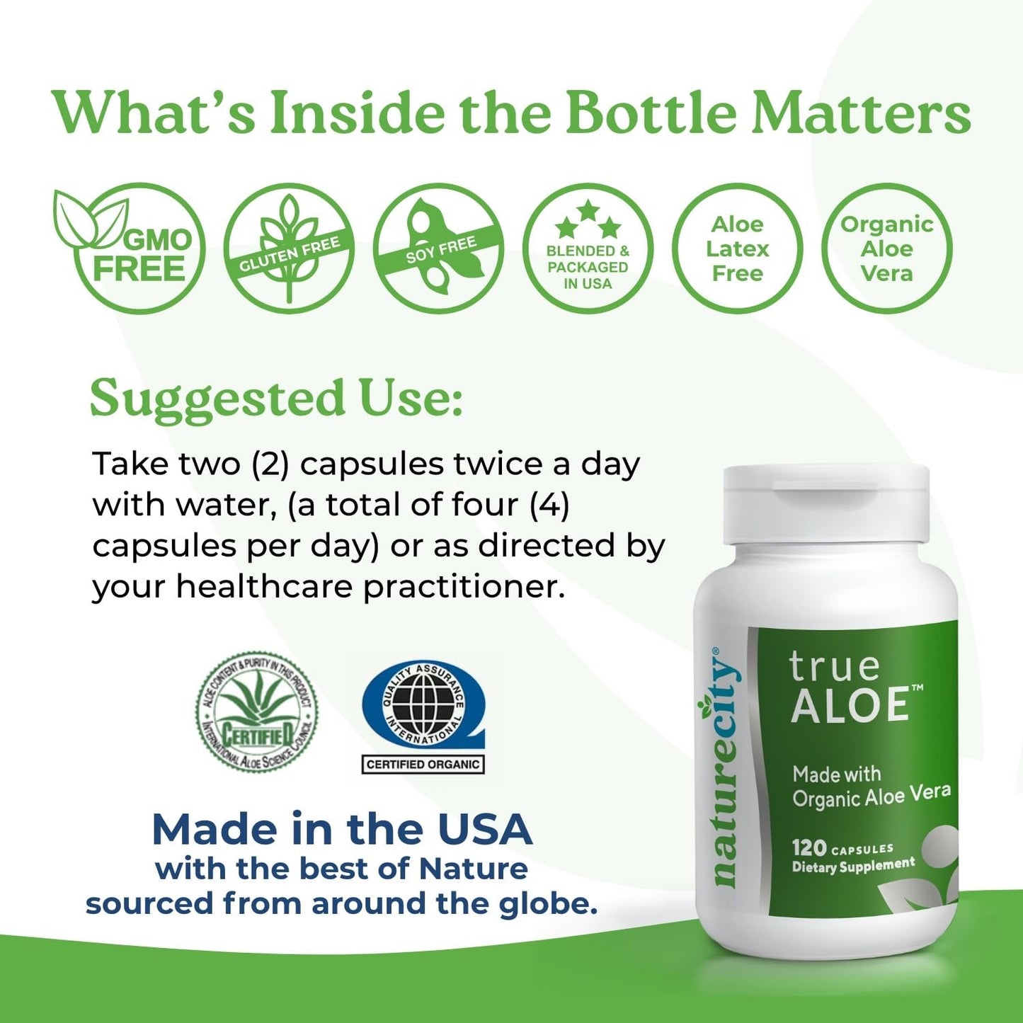 NatureCity True-Aloe Gut Health Support – 80,000mg Aloe Vera Gel Equivalent Per Serving – Organic Aloe Vera (120 Capsules) for Digestive, Skin & Joint Support | Small Easy-to-Swallow Pills
