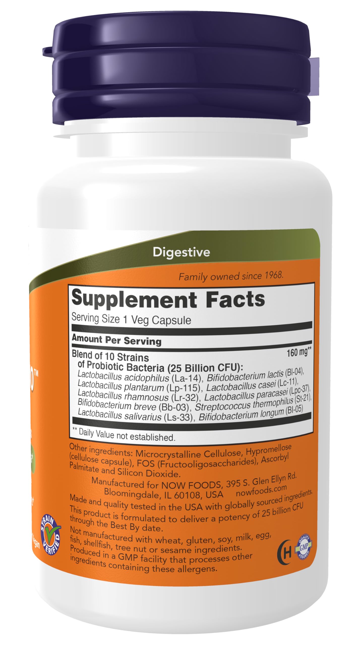 NOW Foods Supplements, Probiotic-10™, 25 Billion, with 10 Probiotic Strains, Dairy, Soy and Gluten Free, Strain Verified, 50 Veg Capsules
