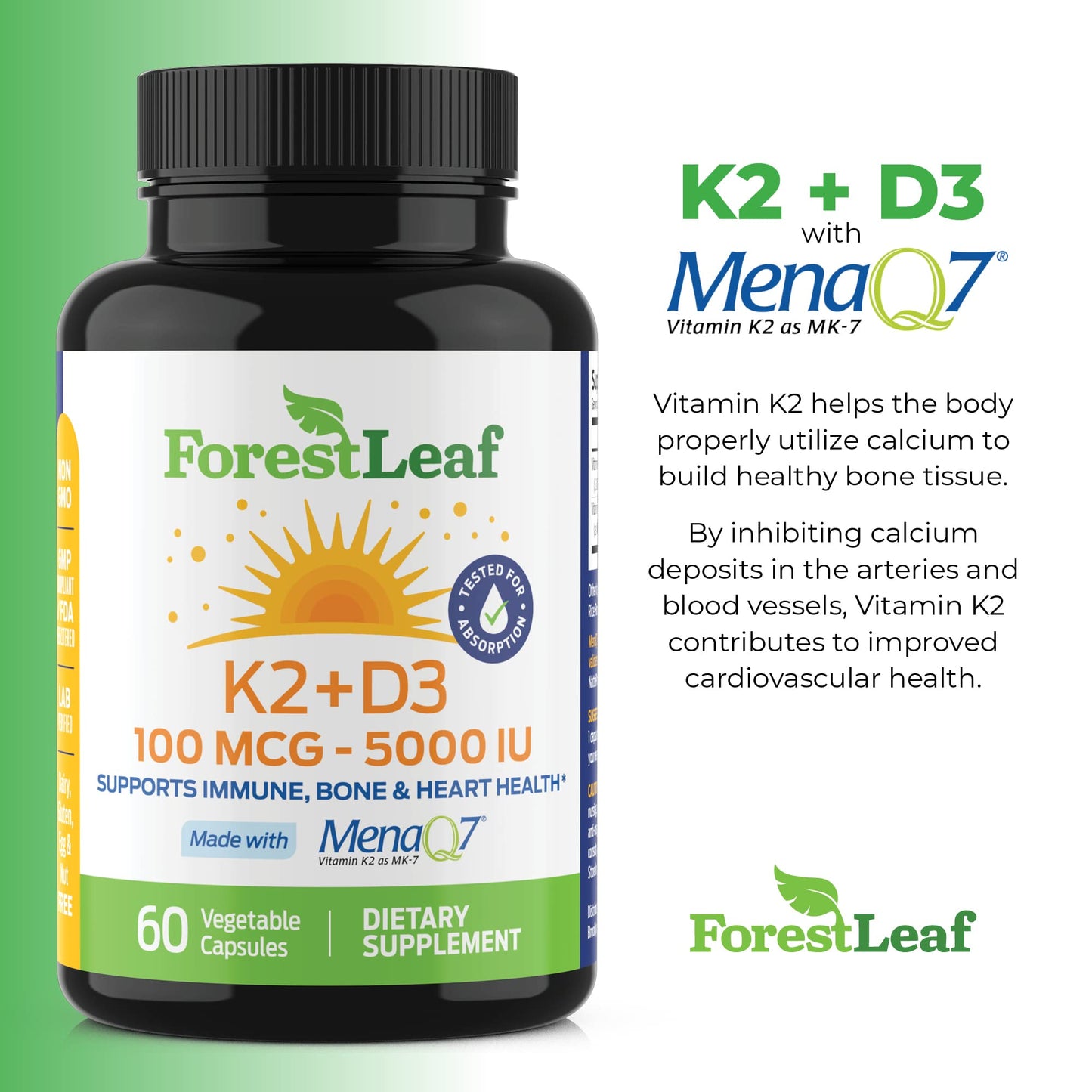 ForestLeaf Vitamin D3 + K2 (MK7) Supplement - MenaQ7 - Calcium and Vitamin D3 5000 IU Max Absorption - Teeth and Bone Strength, Heart Health, Immune System Support - 60 Veggie Capsules