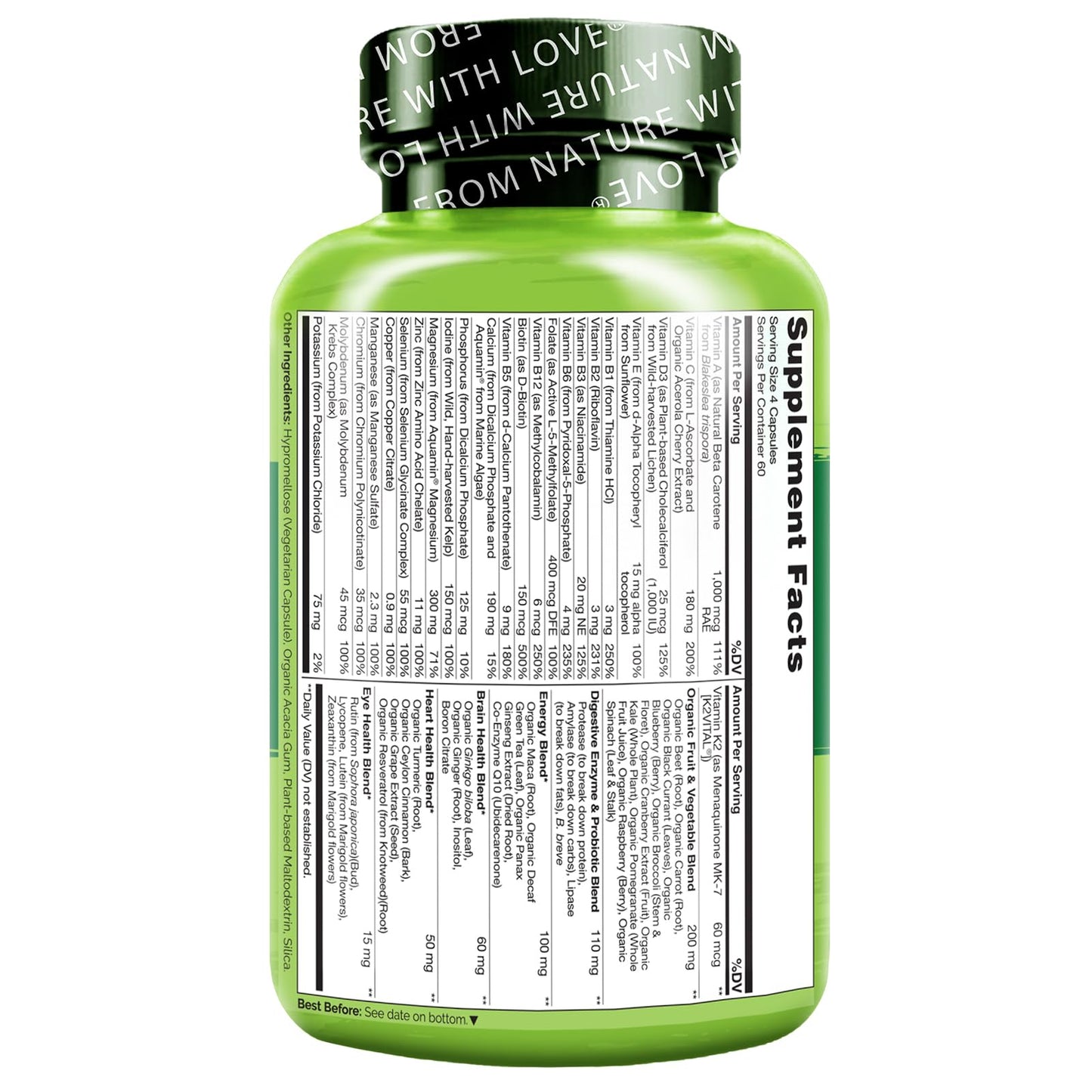 NATURELO Mens Multivitamins - Whole Food Multivitamin for Men with Vitamins, Minerals - 240 Vegetarian Capsules for Energy, Brain, Heart, Eye Health*