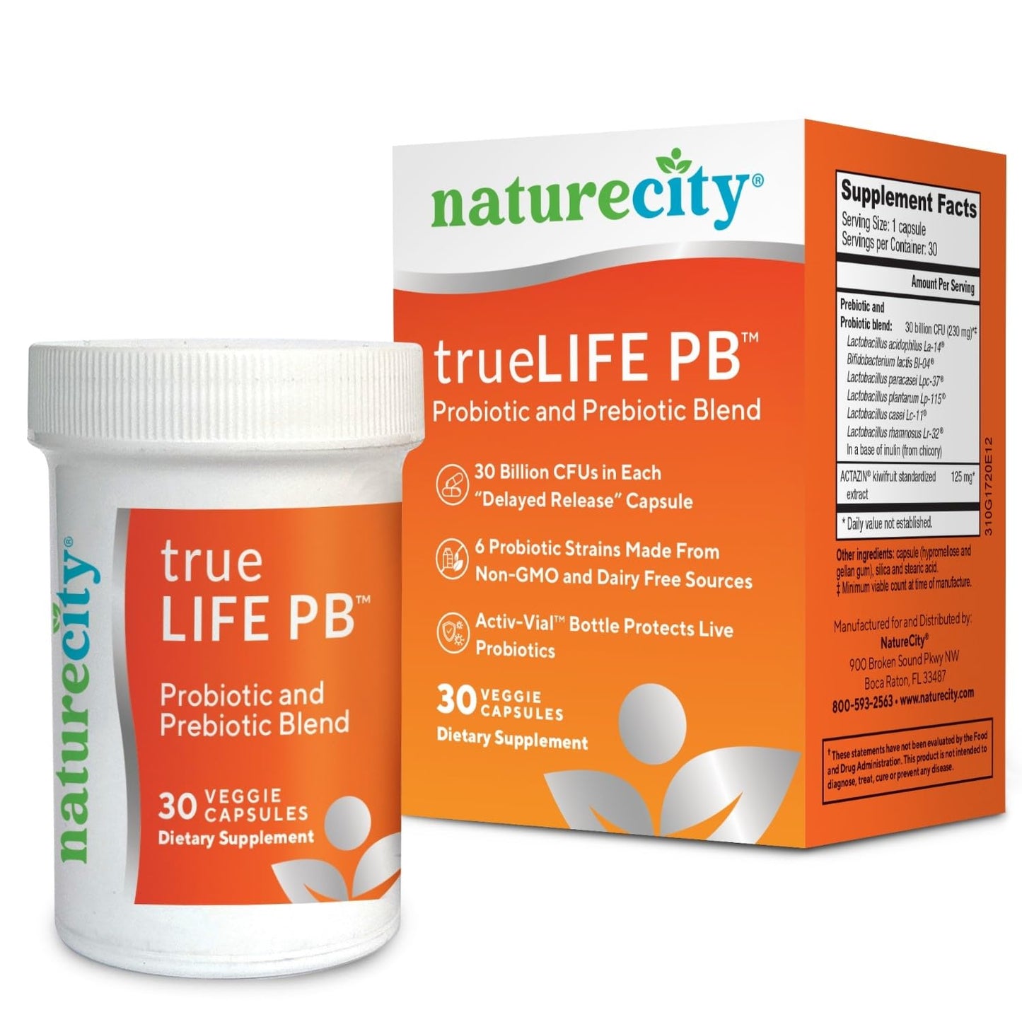 NatureCity True-Life-PB Shelf Stable Blend Prebiotics and Probiotics for Women and Men - Digestive Gut Health Supplements for Women and Men - Dairy Free - (30 Veggie Capsules)