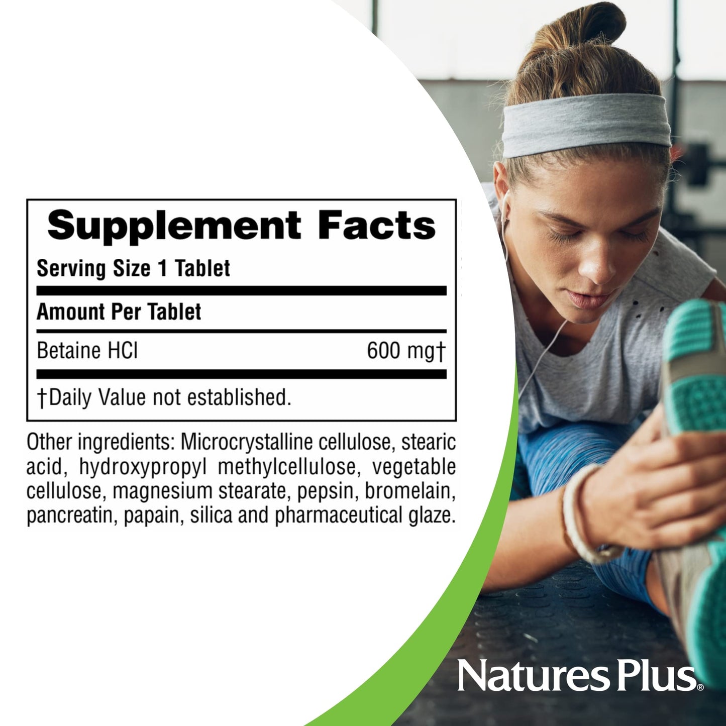 Natures Plus Betaine HCl (Hydrochloride) - 600 mg, 90 Tablets - Digestive Support Supplement, Relieves Symptoms of Occasional Heartburn & Indigestion - Hypoallergenic, Gluten-Free - 90 Servings