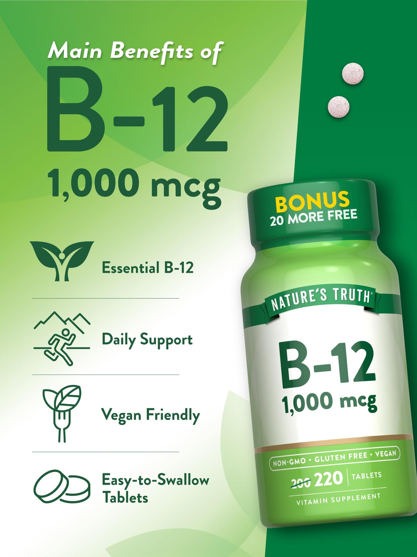 Nature's Truth Vitamin B12 Tablets | 1000 mcg | 220 Count | Vegan, Non-GMO & Gluten Free Supplement