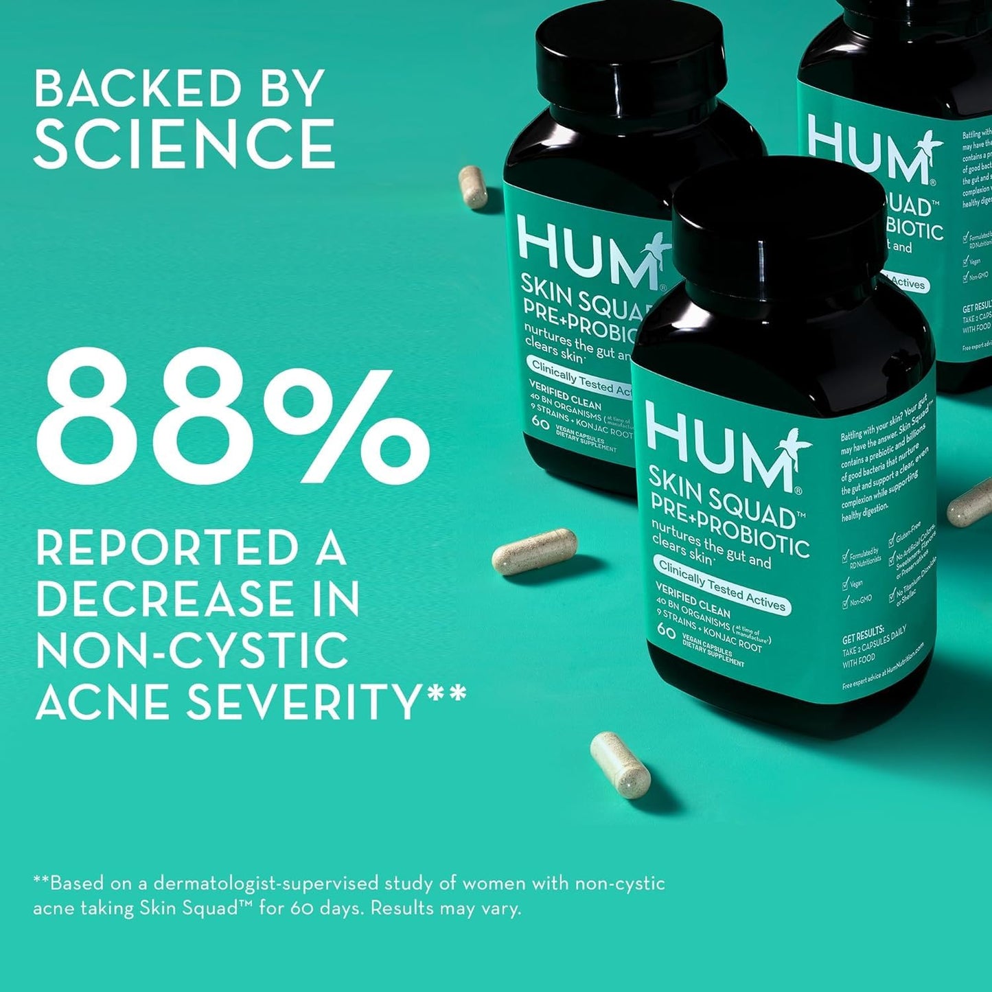 HUM Skin Squad - Probiotic Supplement for Clear Skin & Gut Health - Microbiome Probiotics for Breakouts (60-Count)