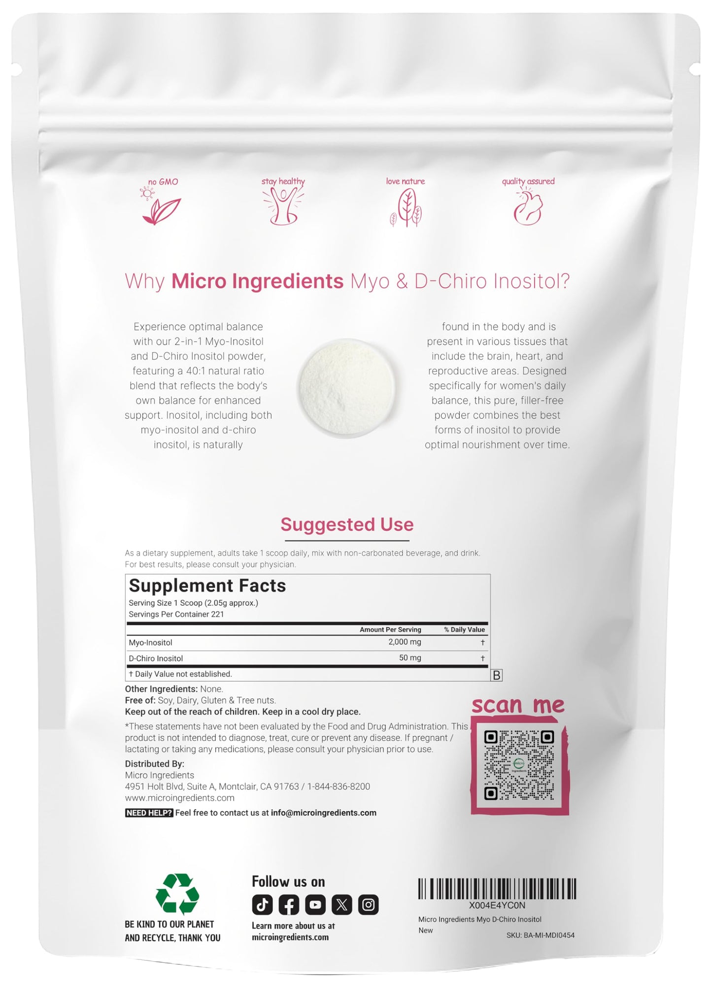 Micro Ingredients Myo-Inositol & D-Chiro Inositol Powder 1lb | Inositol Supplement for Women | 40:1 Ideal Ratio | Hormonal Balance & Ovarian Support | Non-GMO | Vegan | Filler-Free | 221 Servings