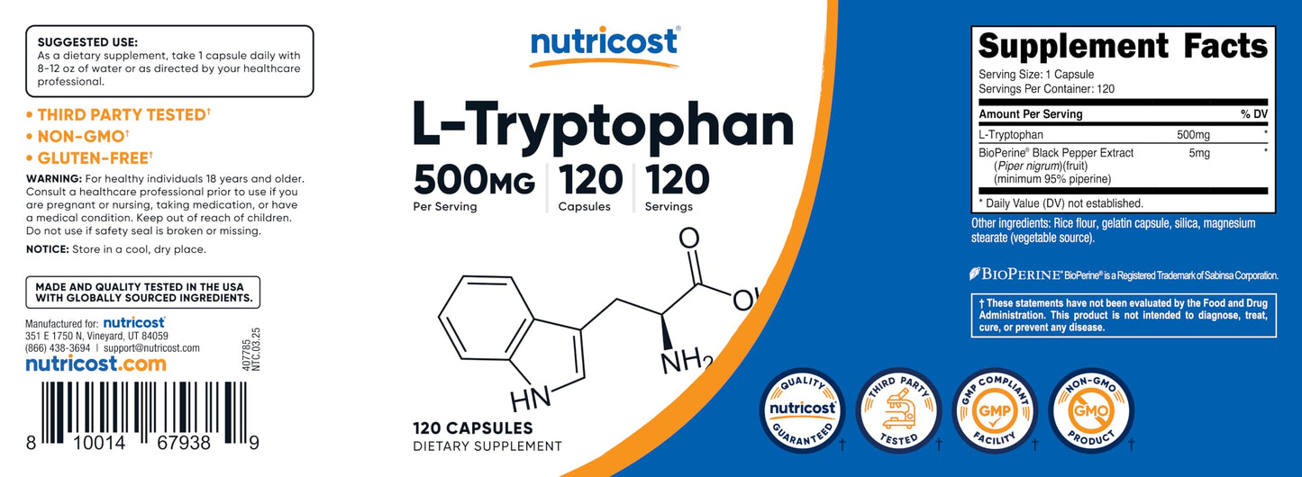 Nutricost L-Tryptophan 500mg, 120 Capsules - with BioPerine, Gluten Free, Non-GMO